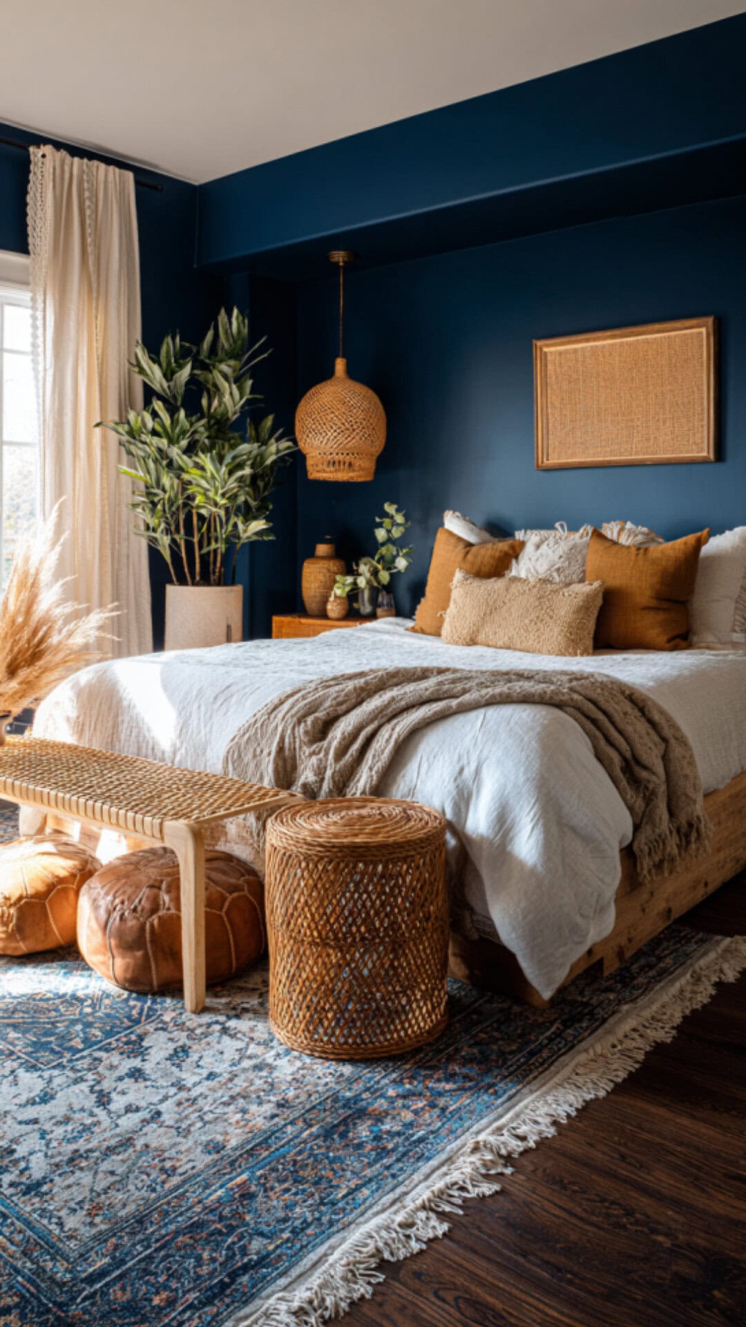 boho bedroom with blue walls