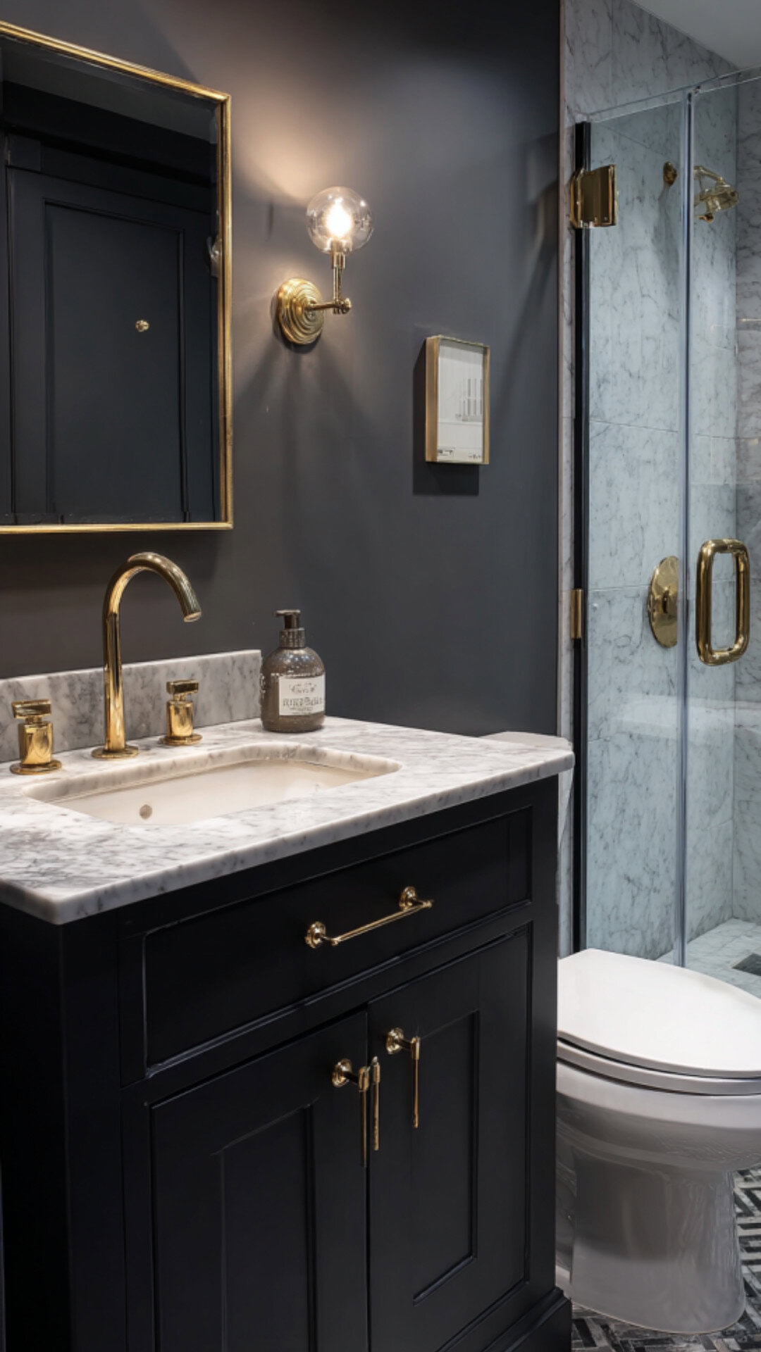 Small Bathroom with Gold Accents and Drama
