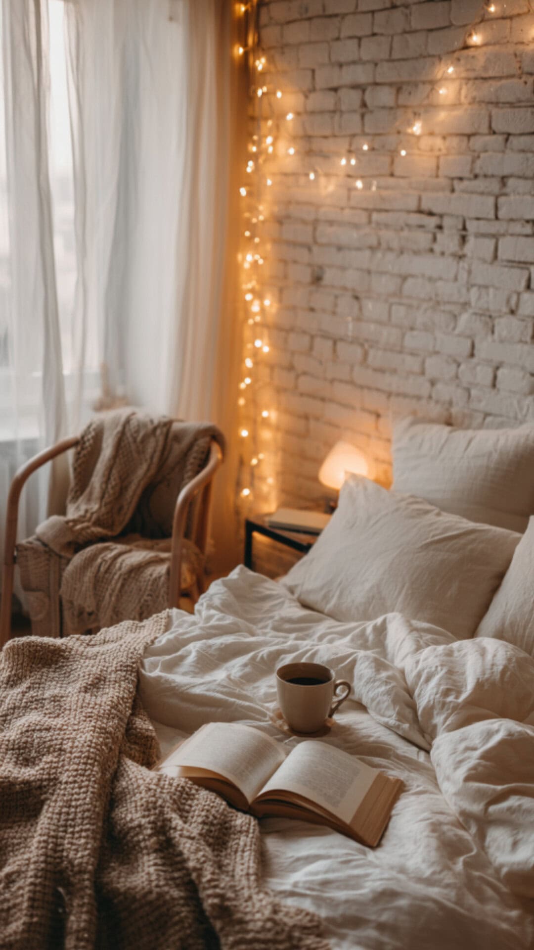 cozy bedroom with fairy lights