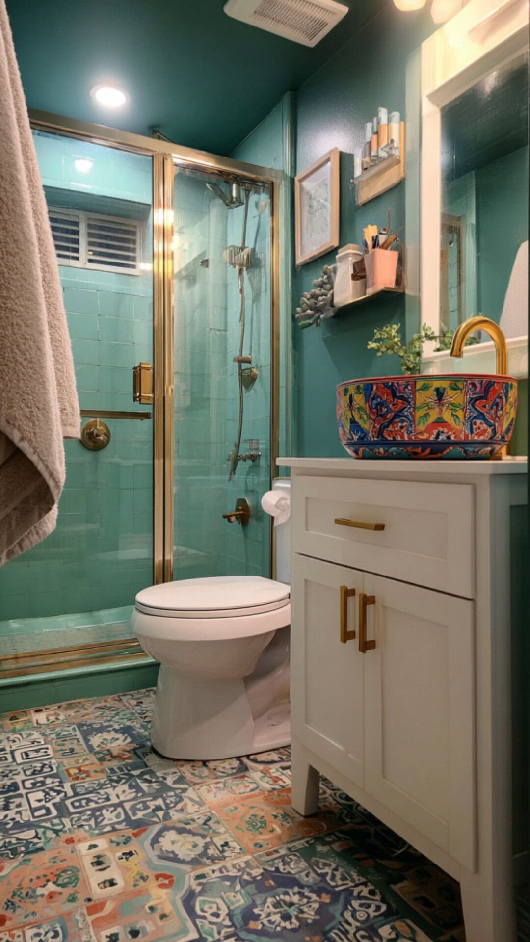 Colorful Small Bathroom with Teal and White Accents