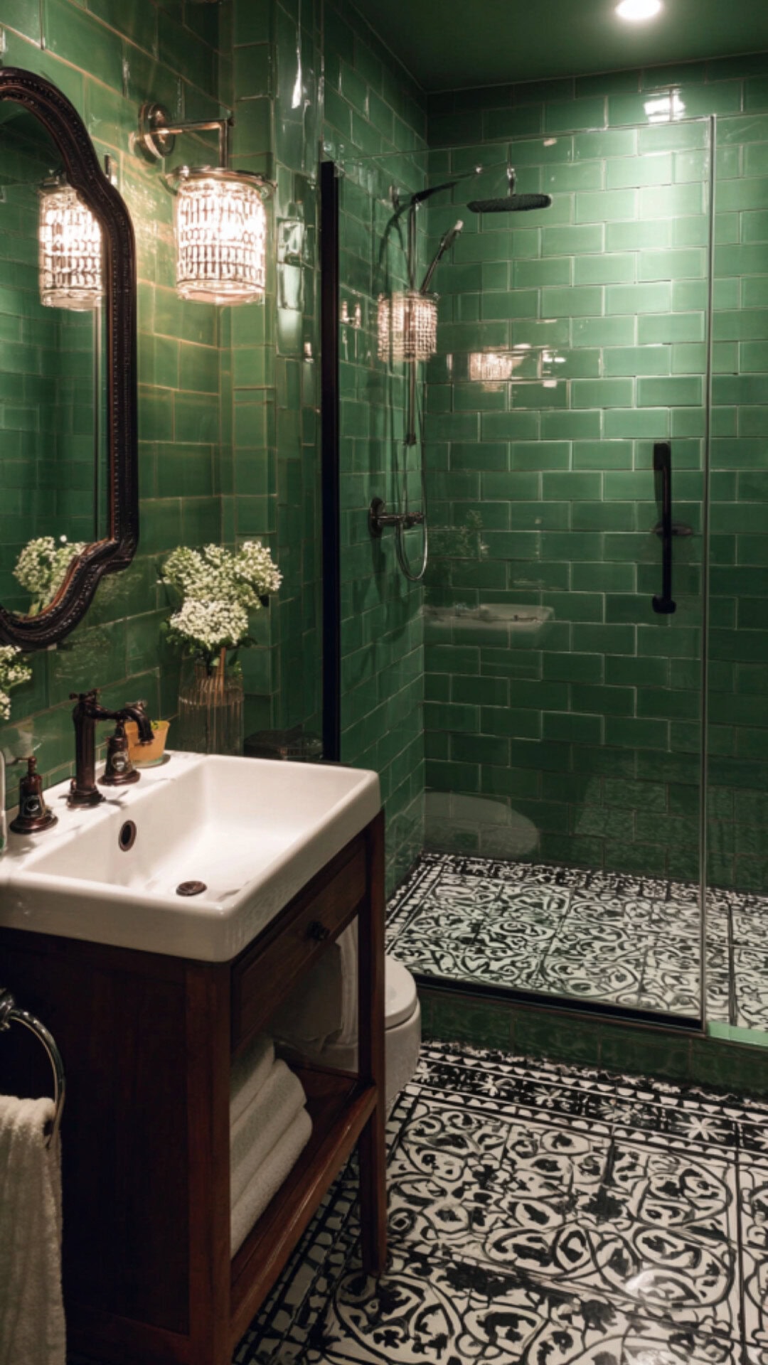 Green Bathroom with Bold Tile Patterns