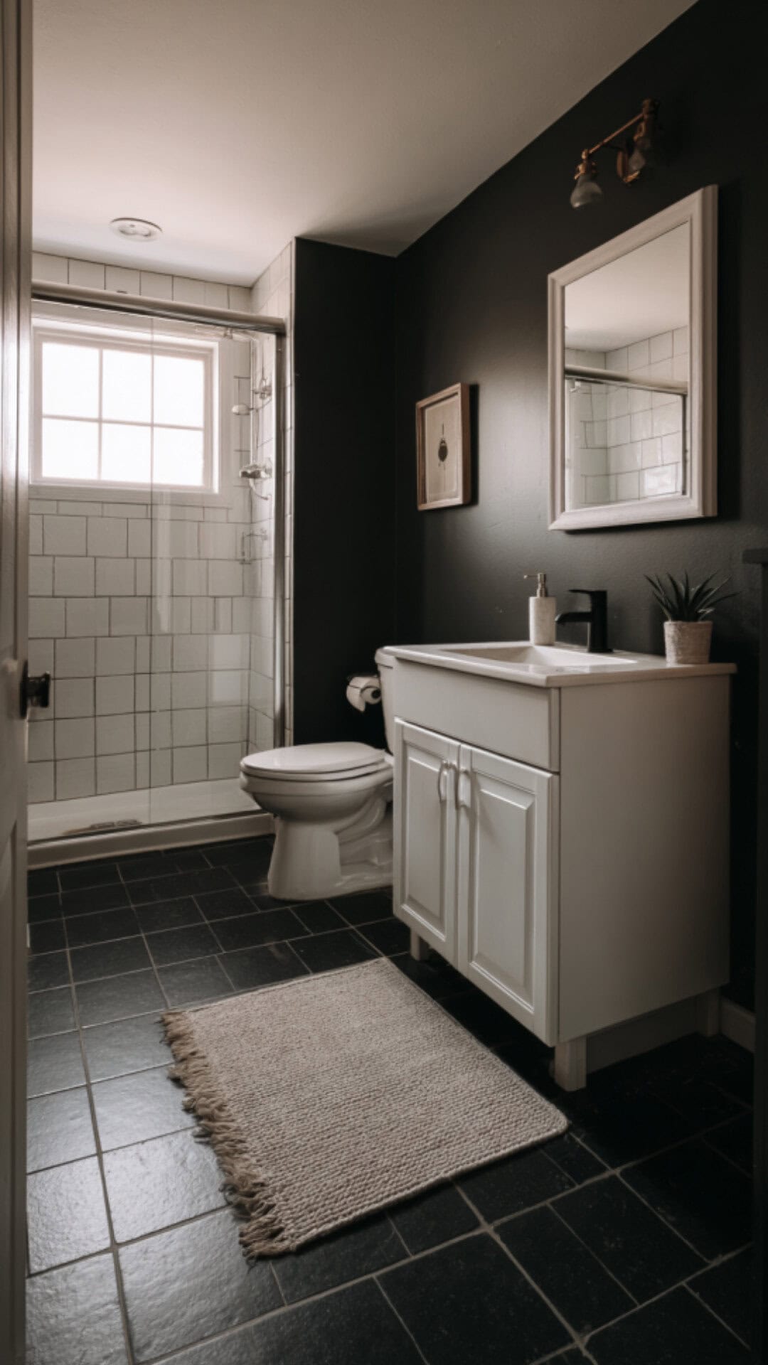 Black Bathroom with Statement Floor Tile