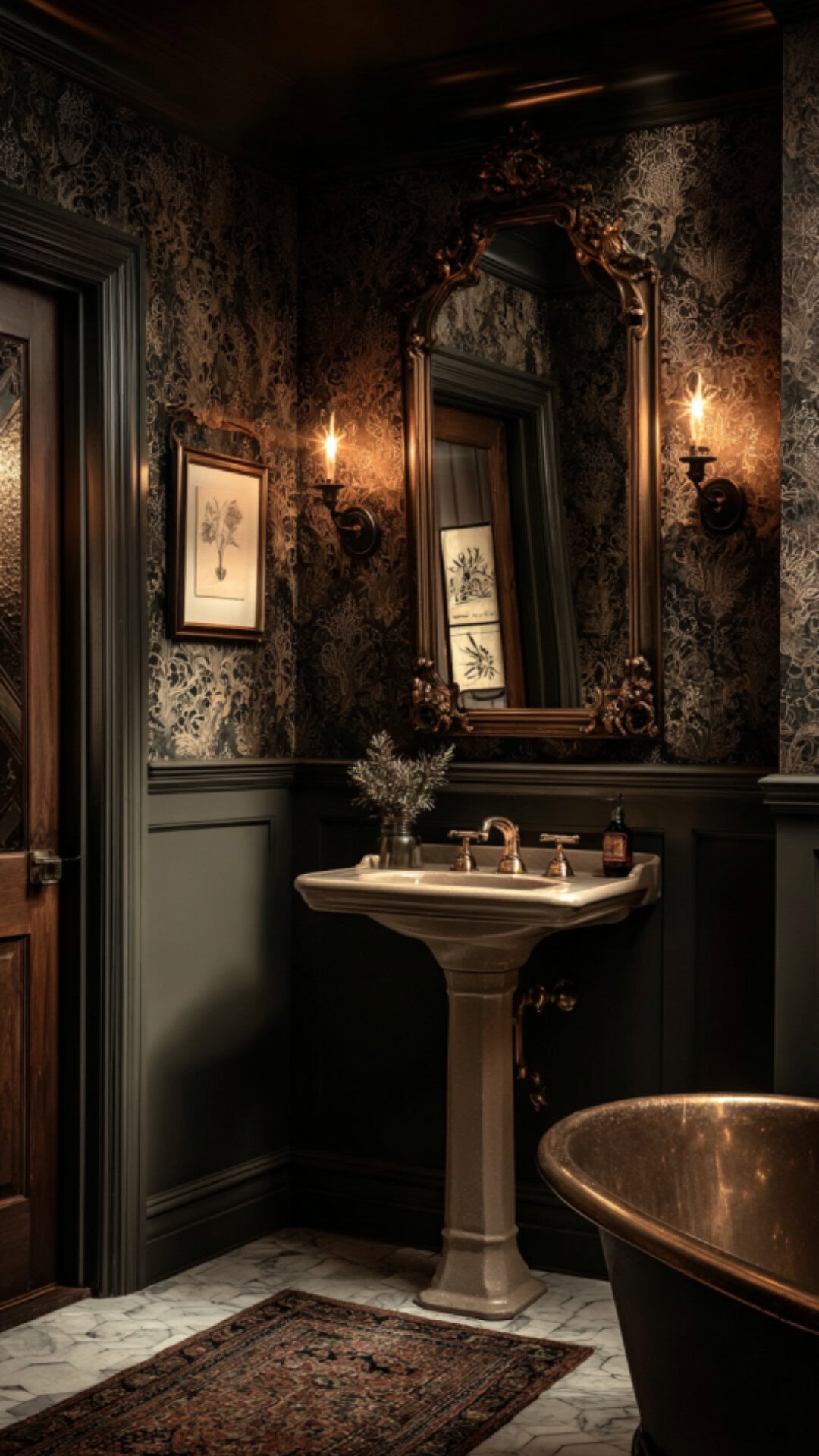 Moody Bathroom with Bold Wallpaper