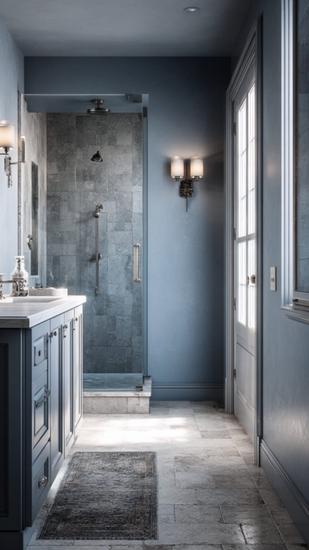 Blue Bathroom With a Gray Vanity