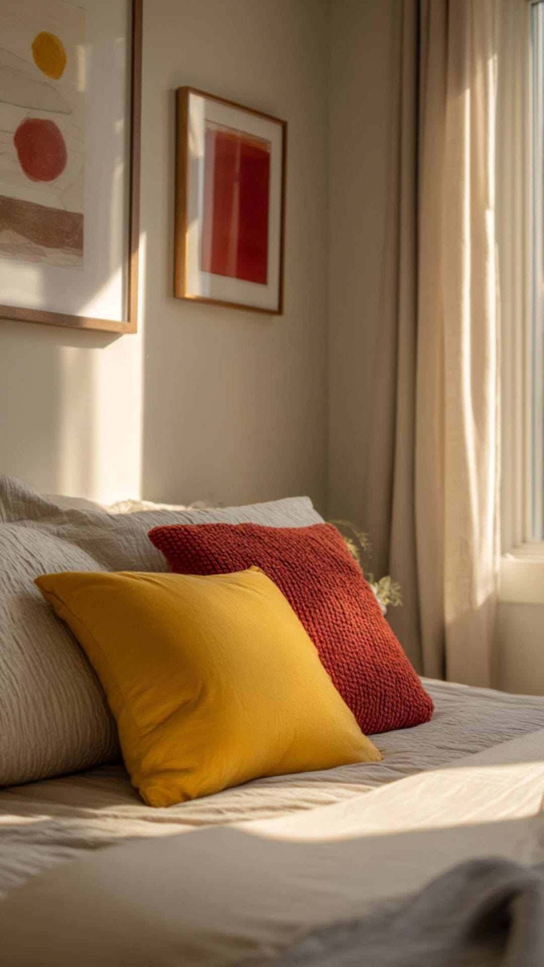 minimalist bedroom with pops of color