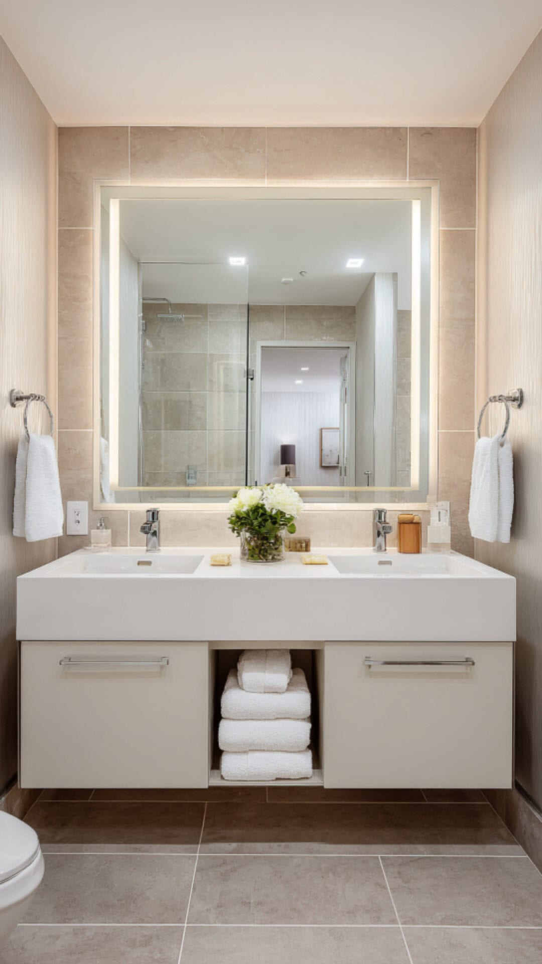 Bathroom Mirror Framed by a Selfie-Ready Setup