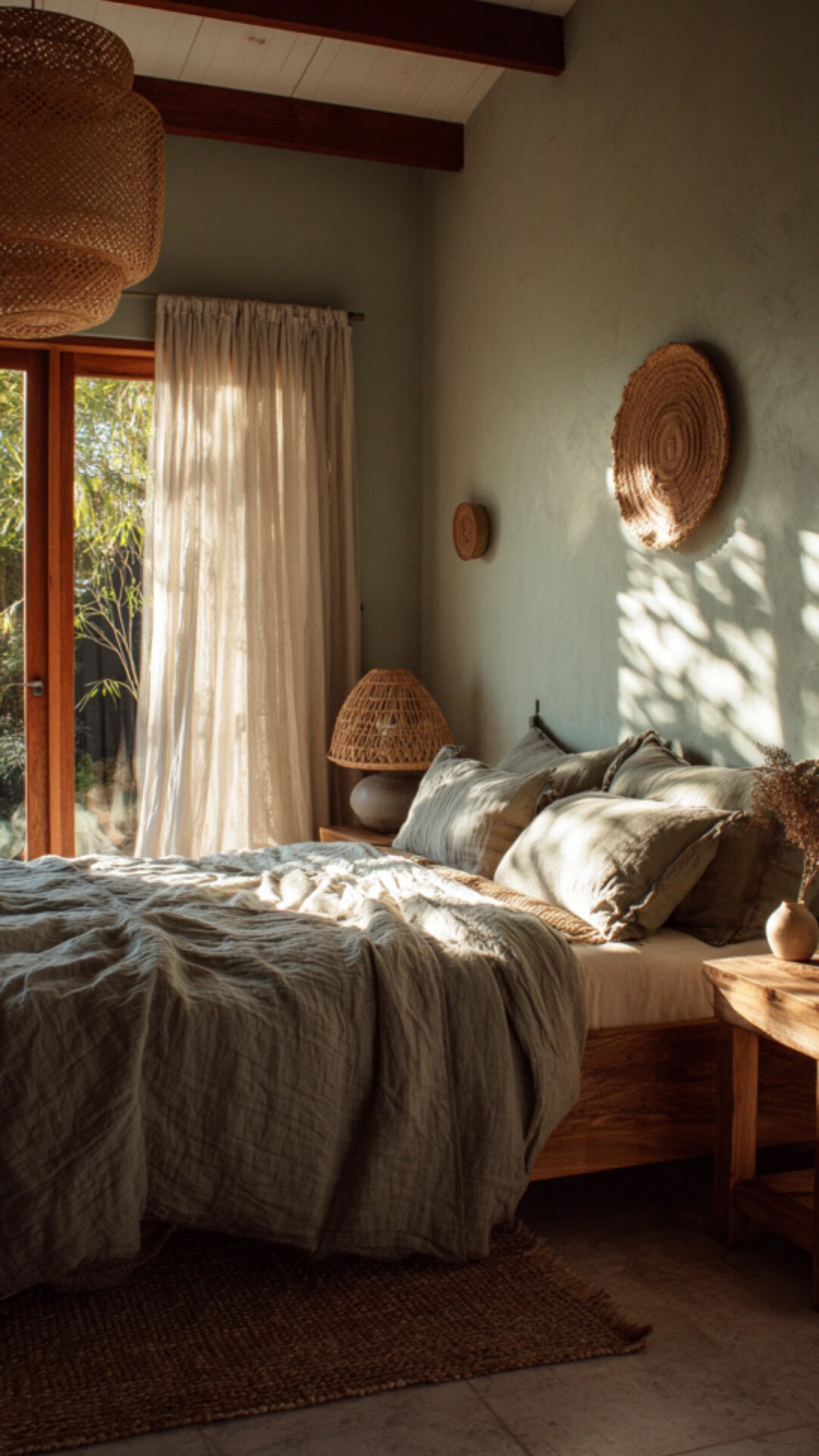 boho bedroom in olive green tones