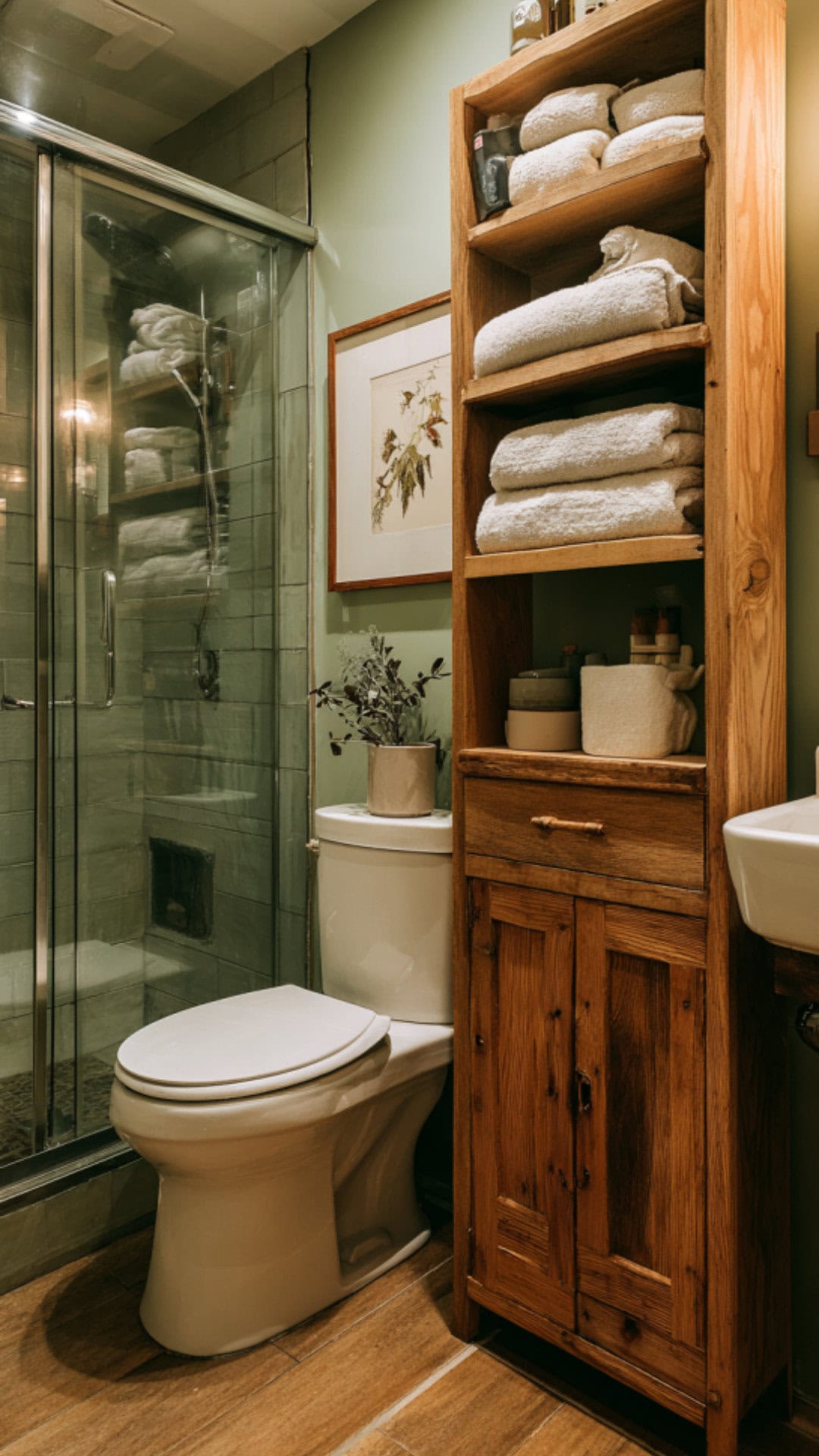 Green Bathroom with a Compact Brown Storage Cabinet
