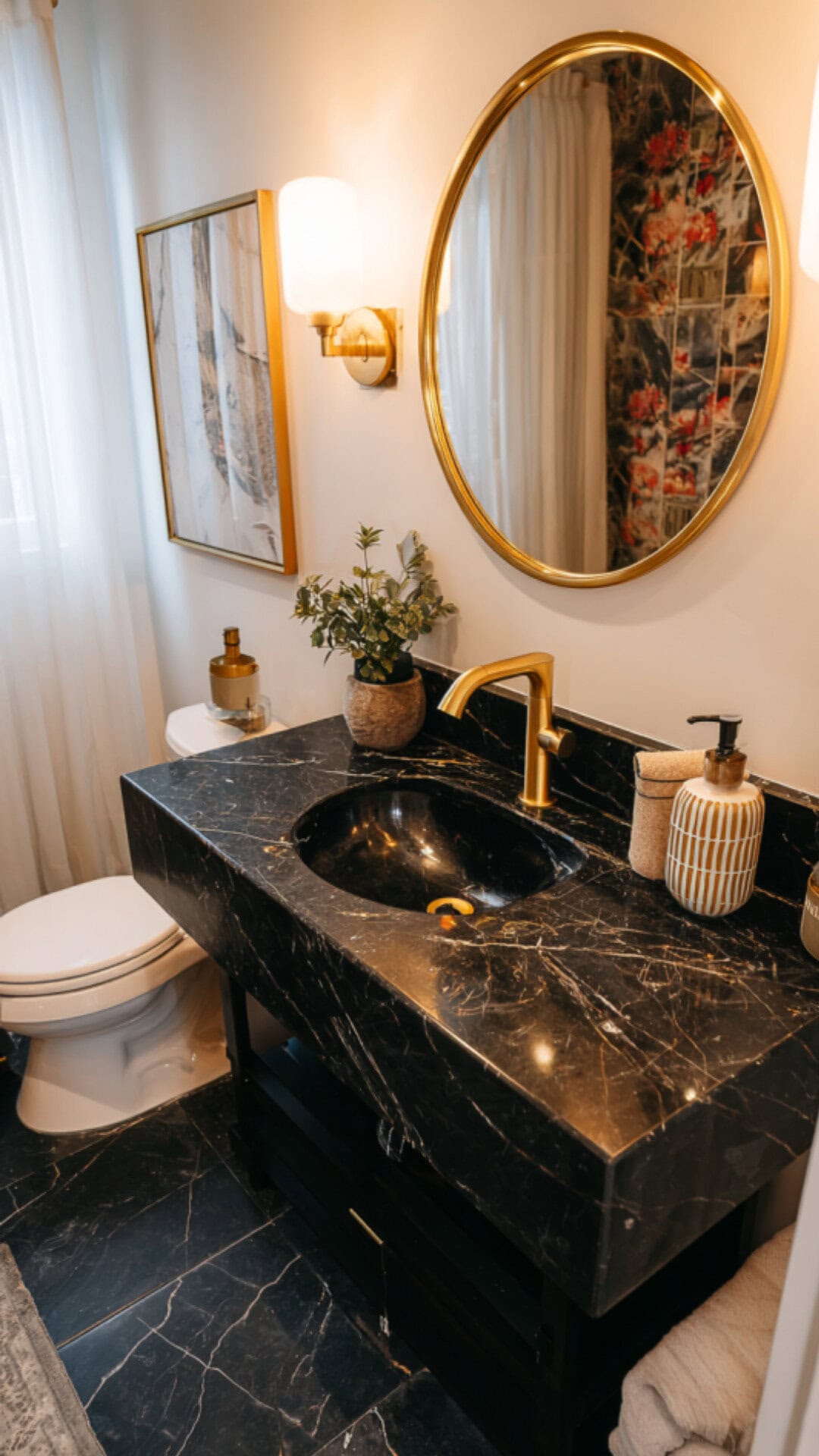 Black Bathroom with Elegant Marble Surfaces