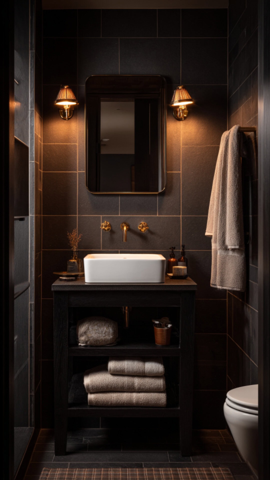 Dark Cozy Bathroom With Moody Elegance