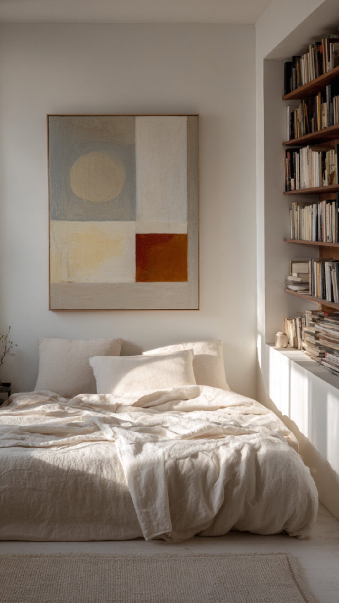 minimalist bedroom with wall art