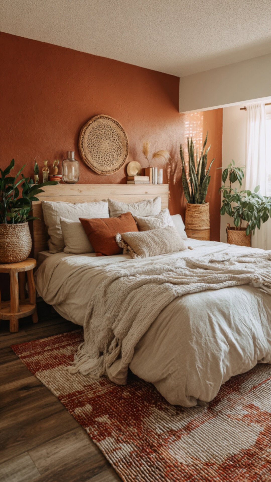 boho bedroom with an accent wall