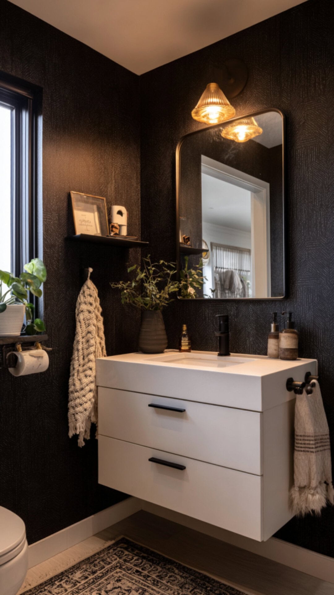 Black Bathroom with Dramatic Accent Wall