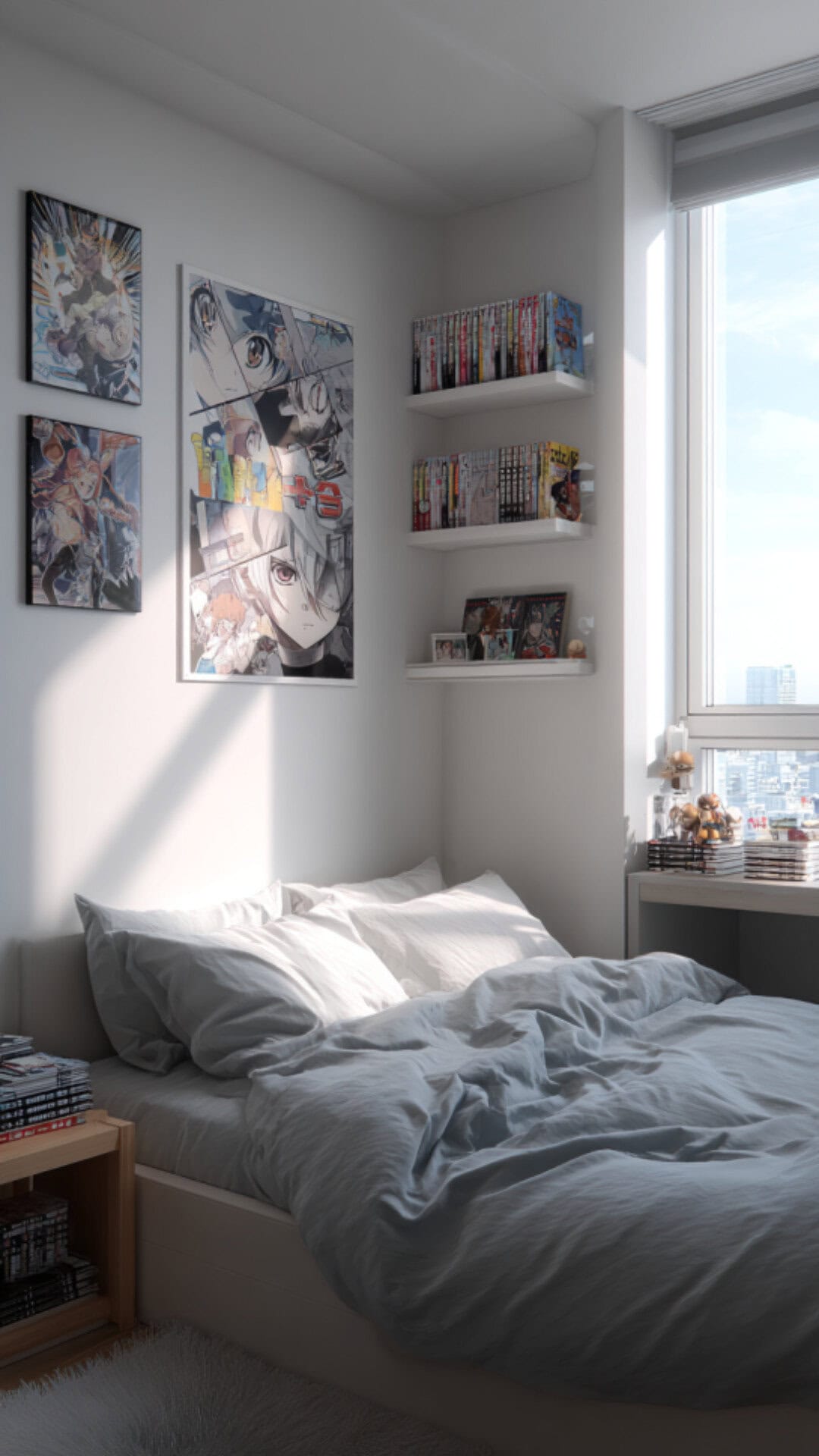 minimalist bedroom with anime accents