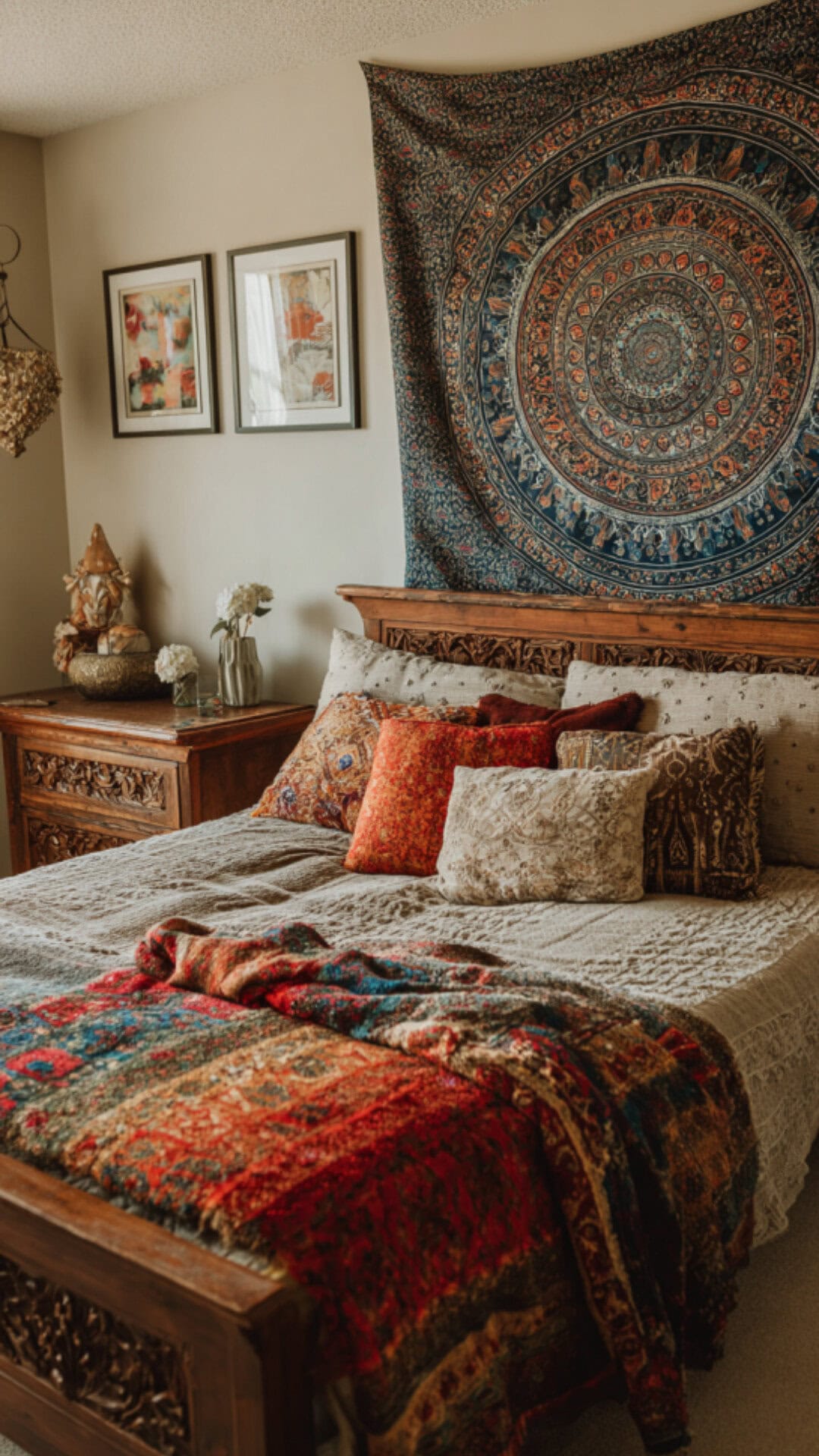 boho bedroom with wall art