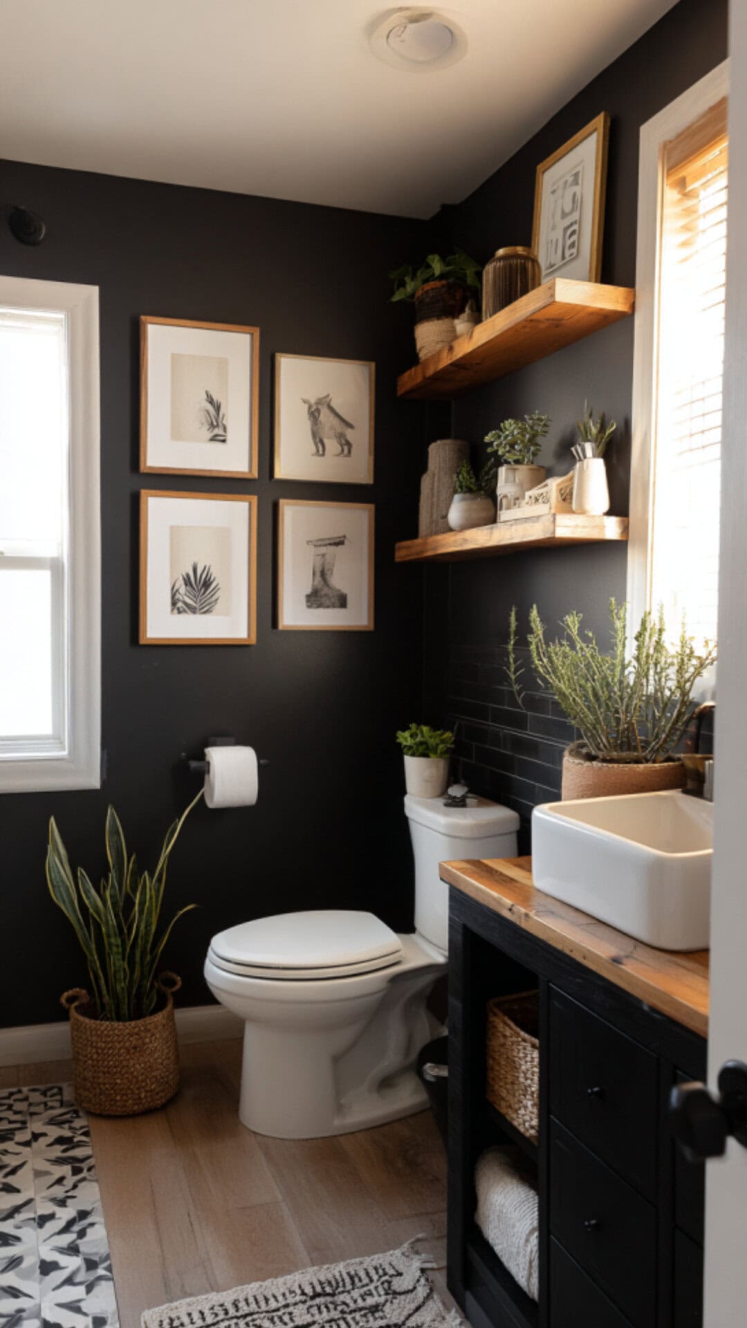 Black Bathroom with Thoughtful Artwork