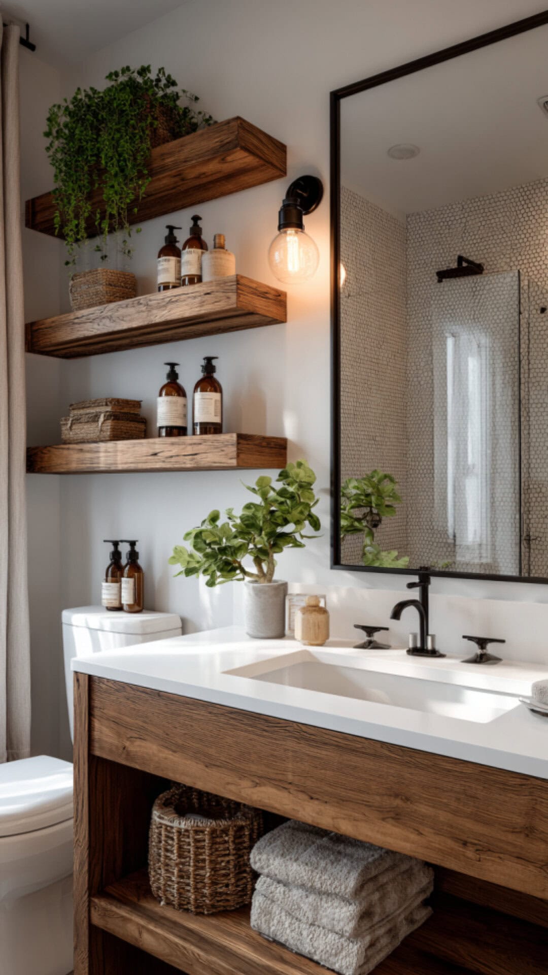 Bathroom Mirror Flanked by Open Shelves