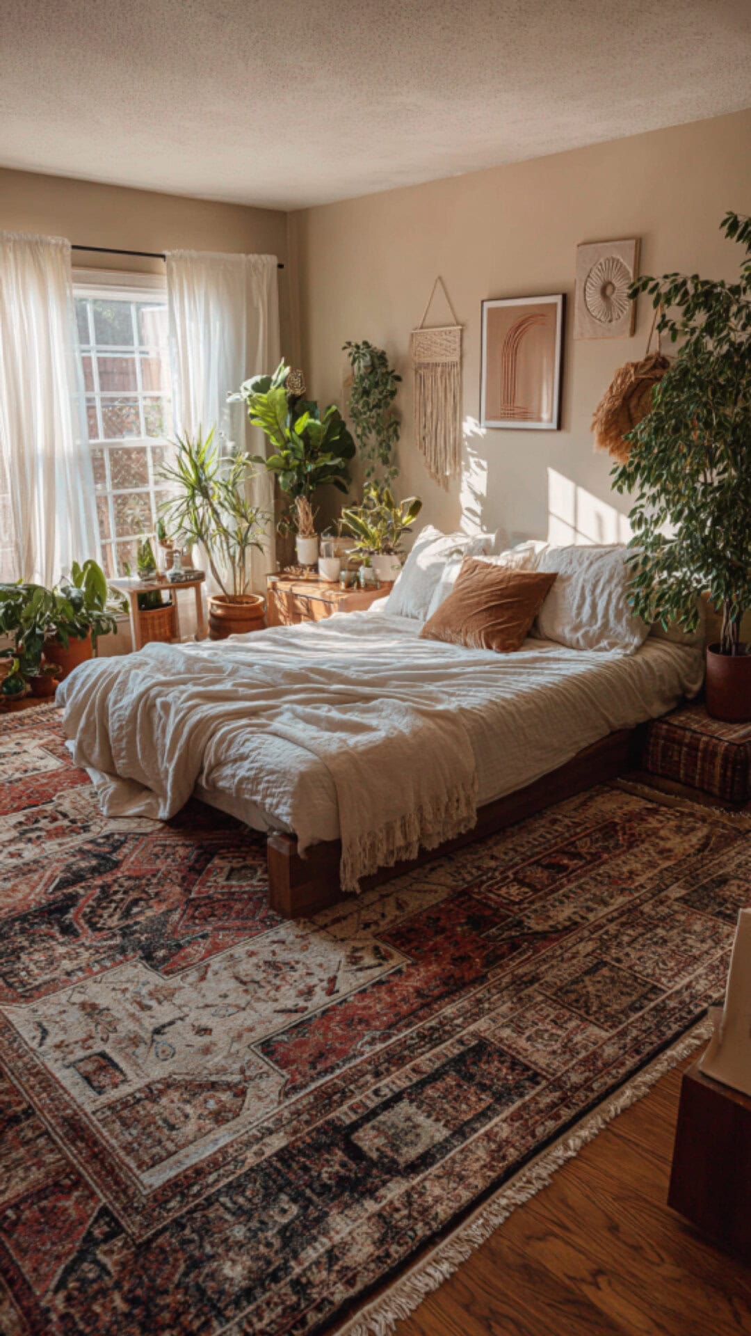 boho bedroom with rug layers