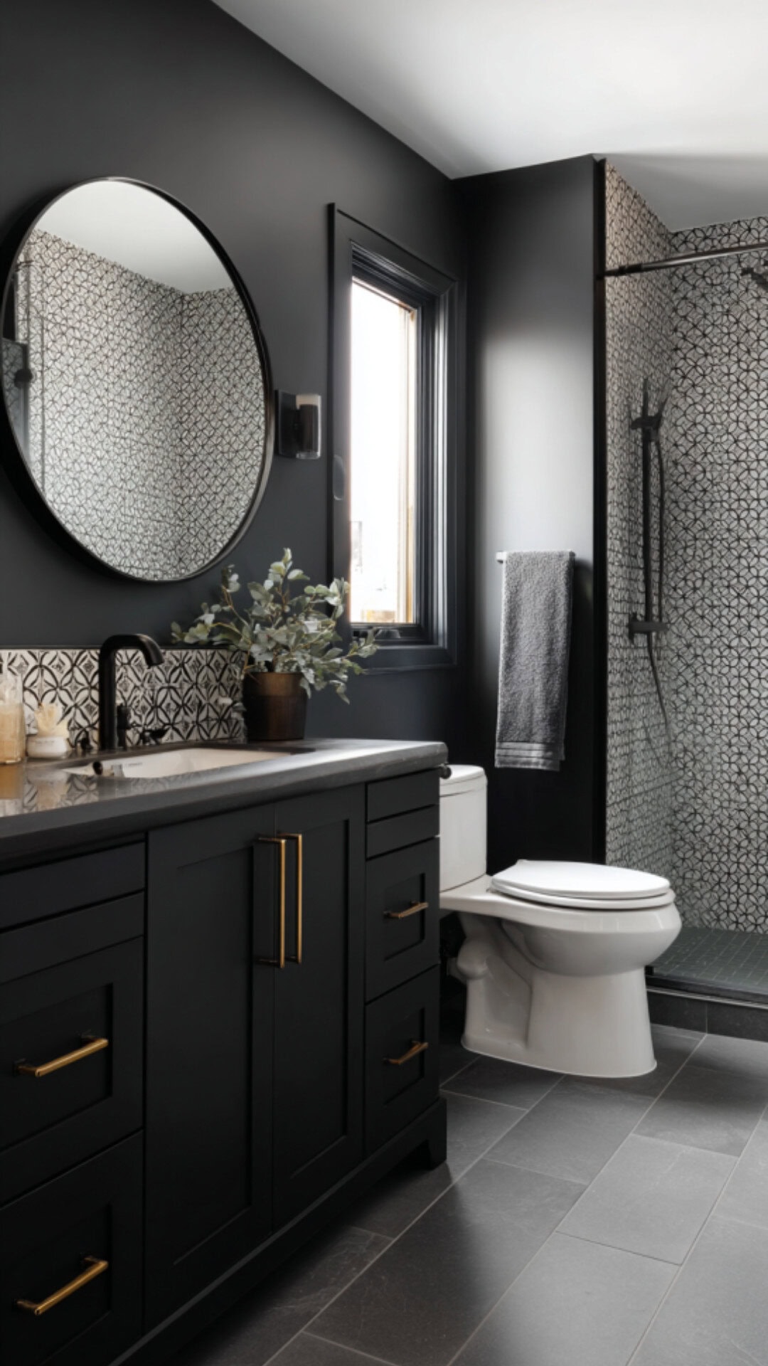 Black Bathroom with Striking Backsplash