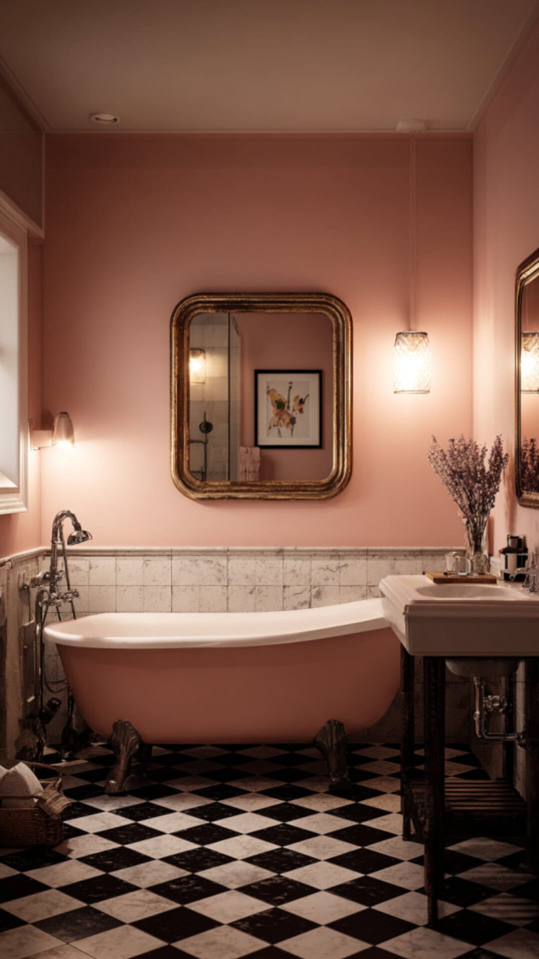Pink Bathroom with Black and White Floor