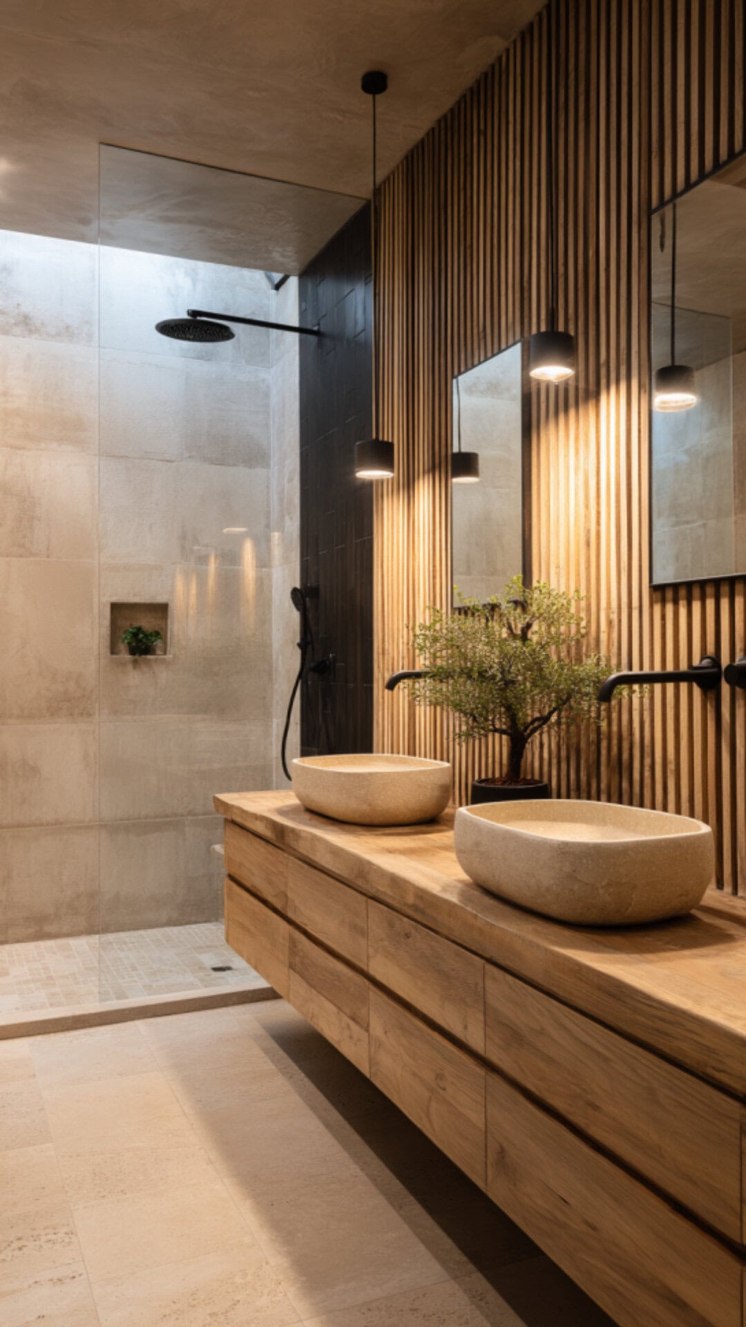 Japandi Double Sink Bathroom Layout