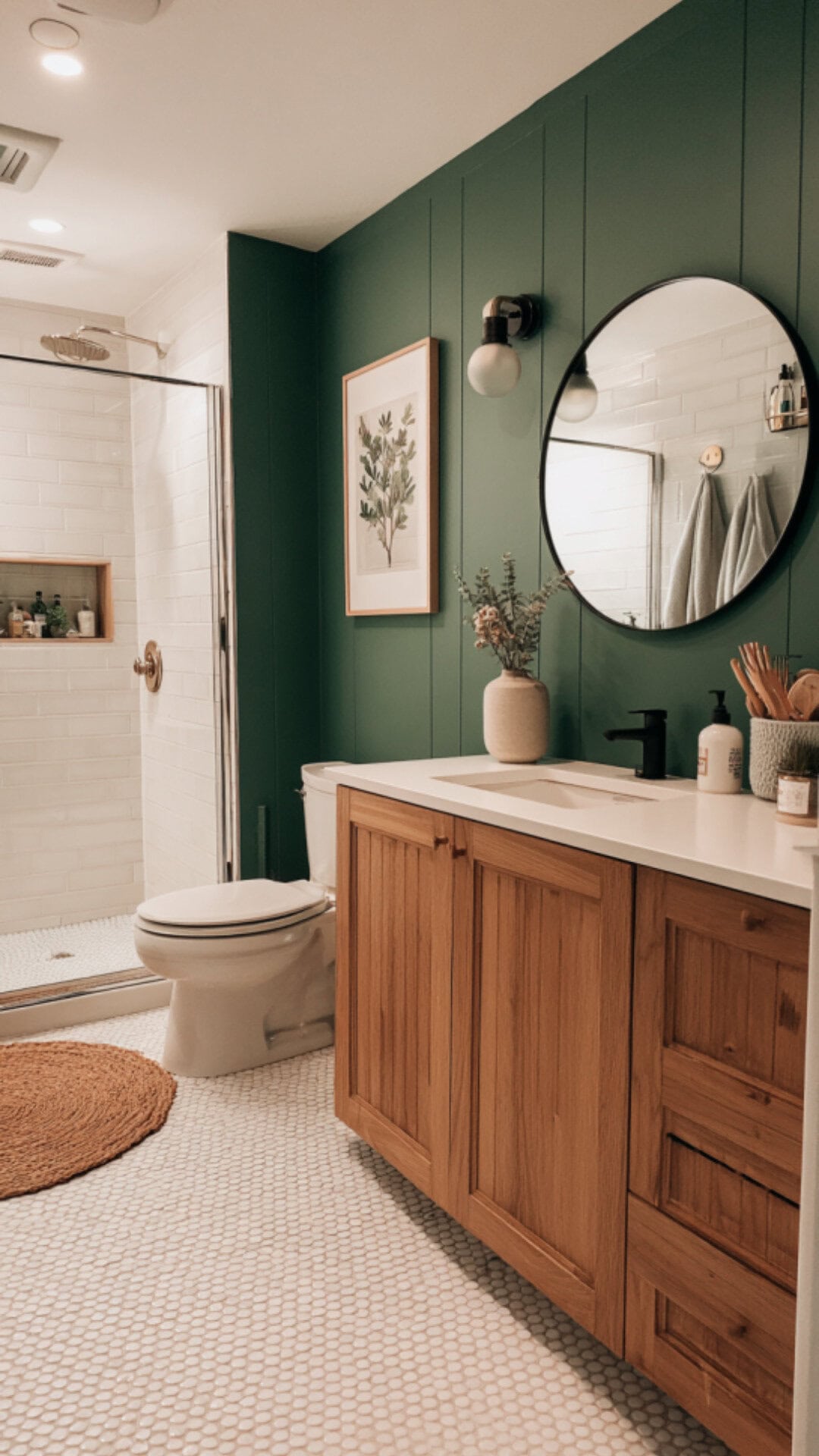 Green Bathroom with a Statement Accent Wall