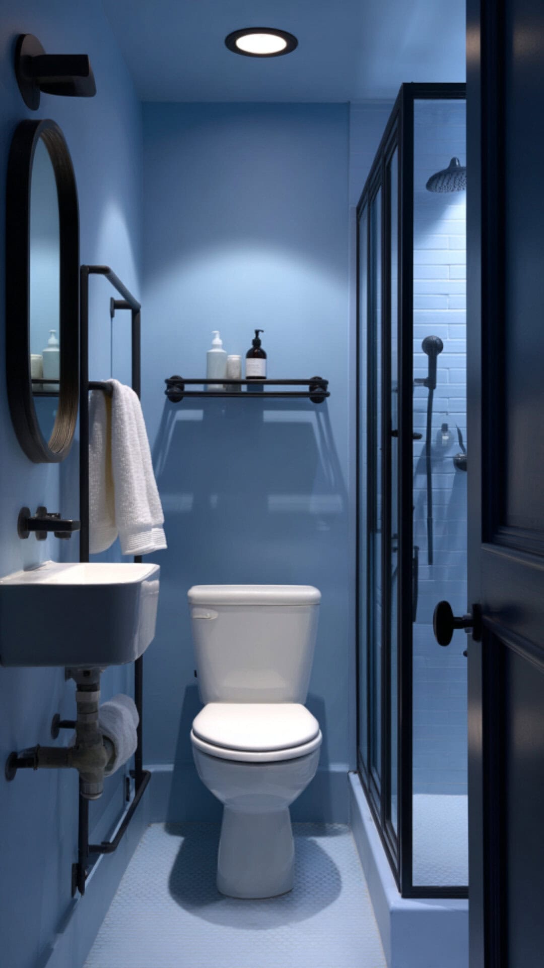 Blue Bathroom With Black Fixtures