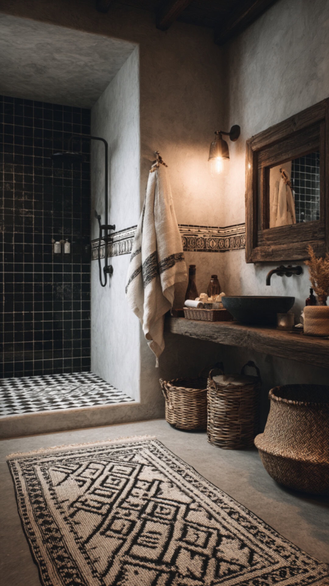 Boho-Inspired Bathroom Using Black and White Contrast