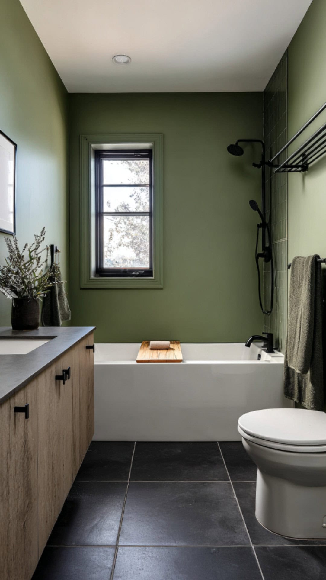 Green Bathroom with a Bold Black Floor