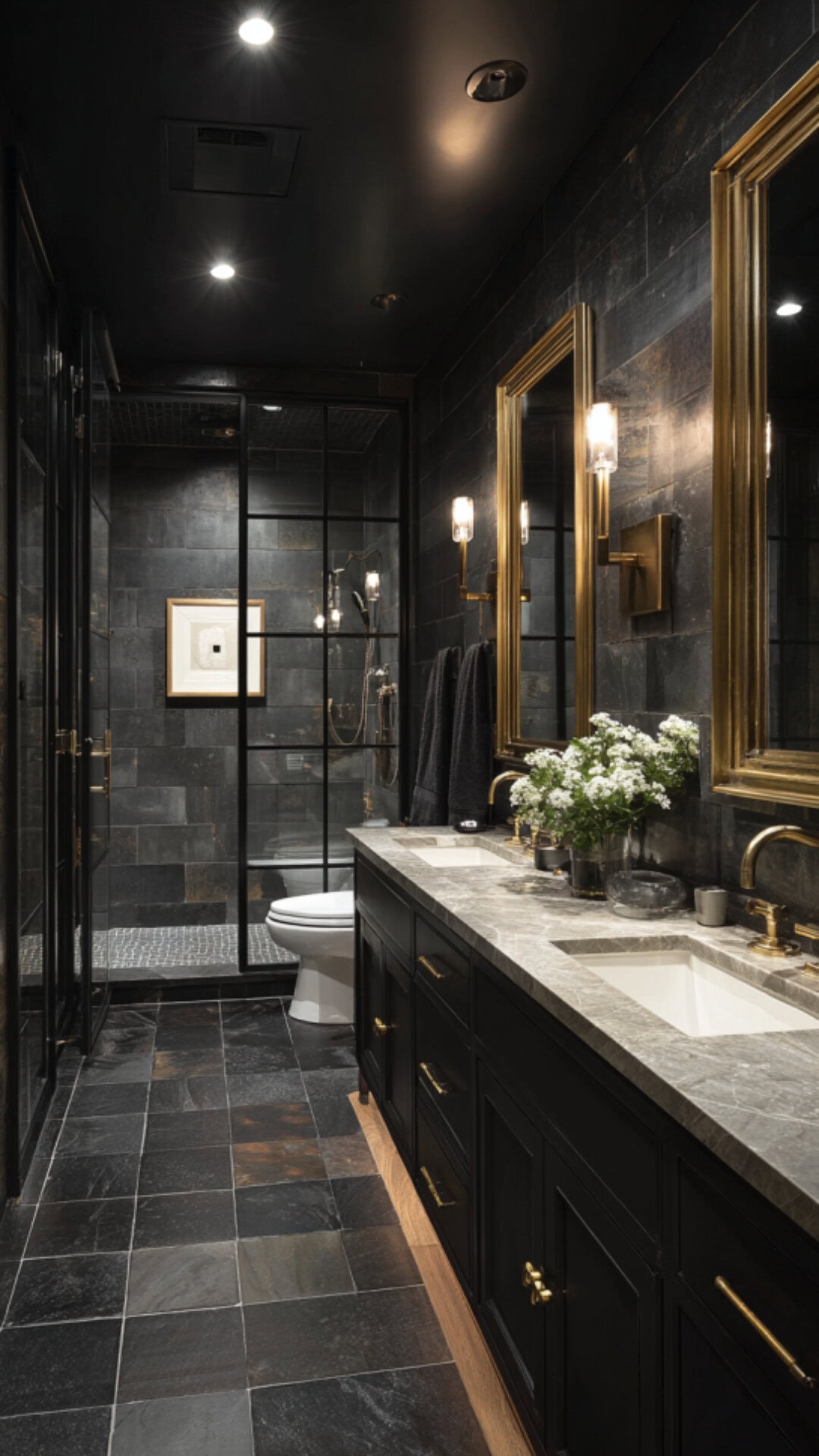 Moody Bathroom with a Black Floor