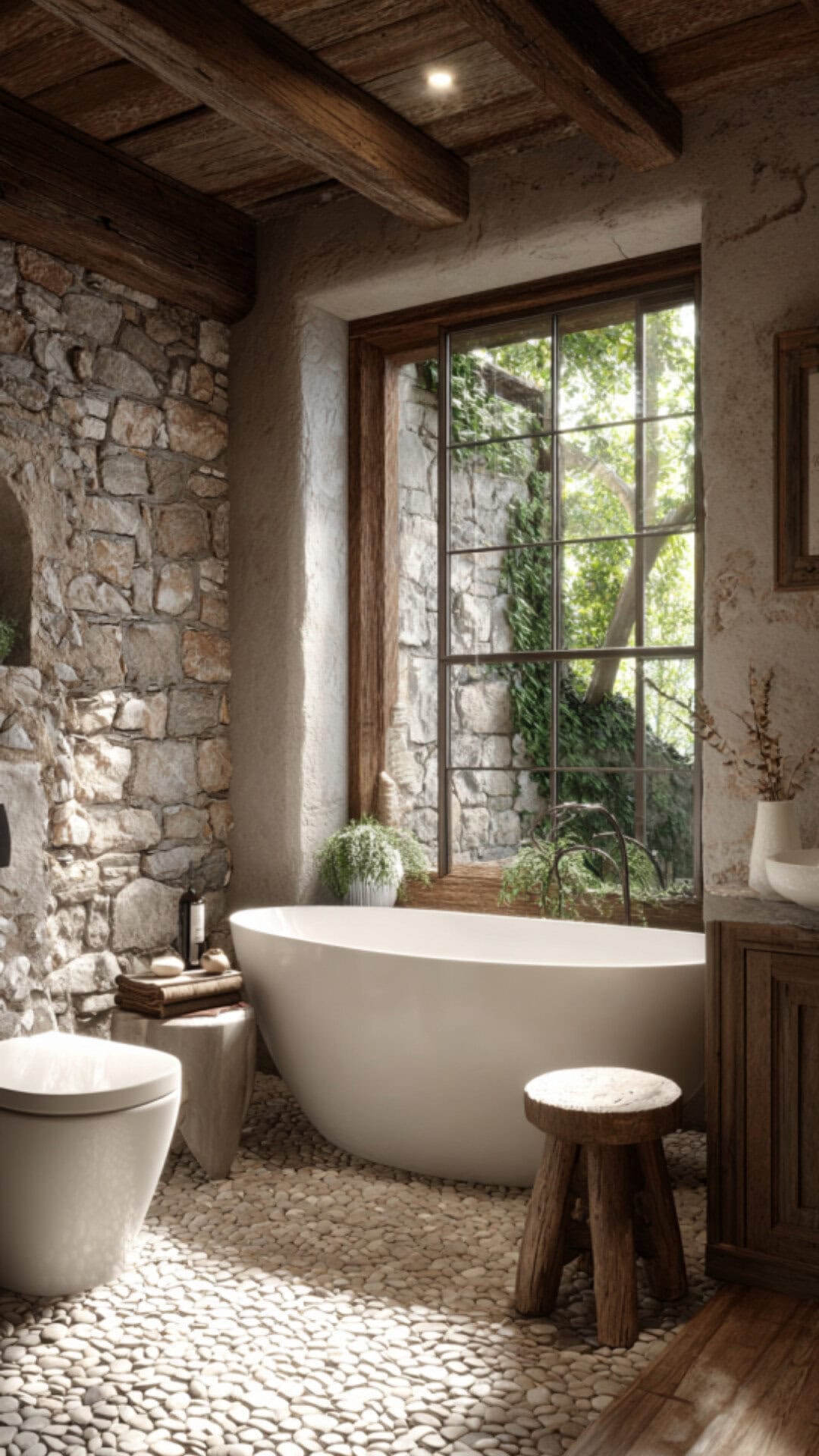 Farmhouse Bathroom With Bathtub Centerpiece