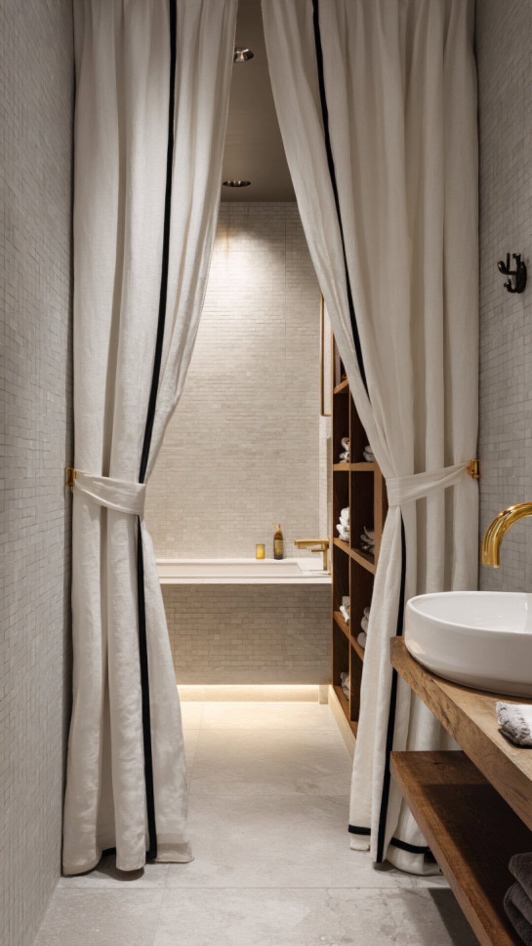 Bathroom Featuring Black and White Shower Curtain