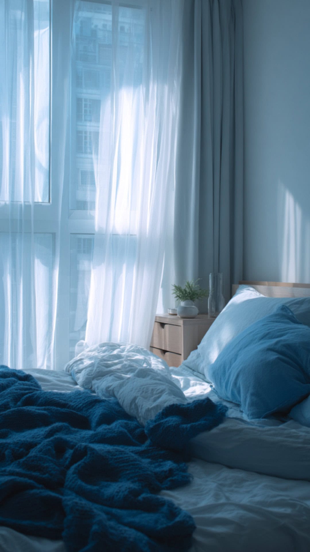 minimalist bedroom with blue accents
