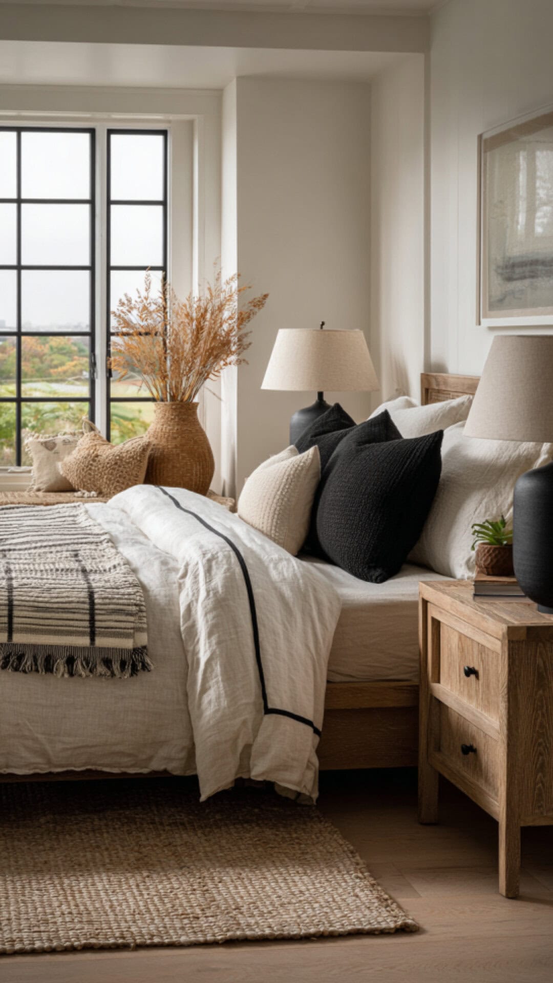 boho bedroom with black accents