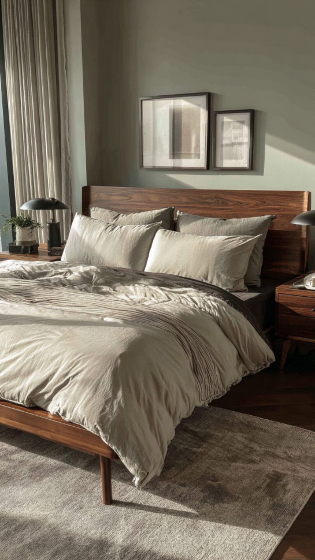 modern luxury bedroom with wooden bedframe