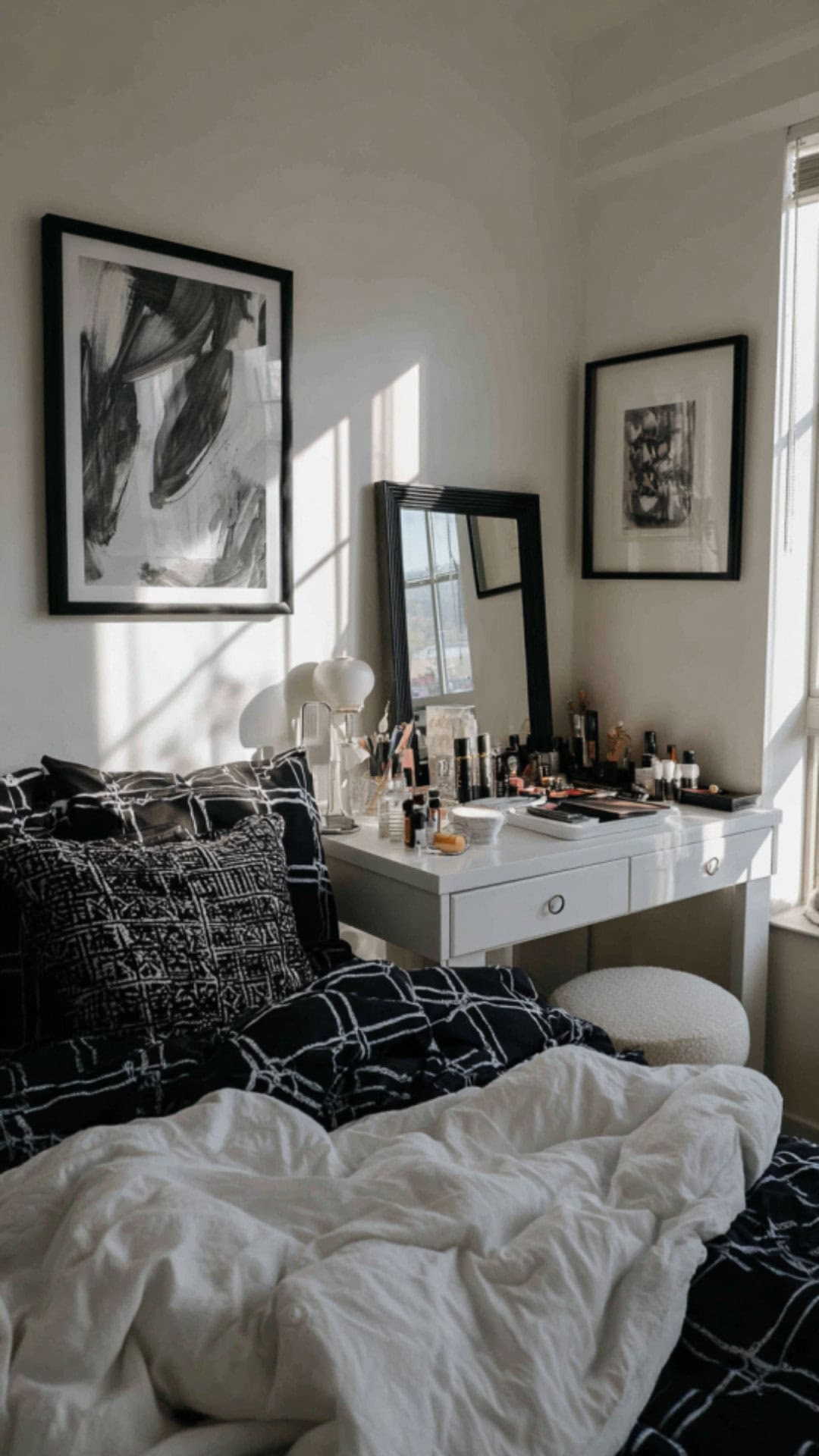 Black and White Bedroom Vanity with Contrast