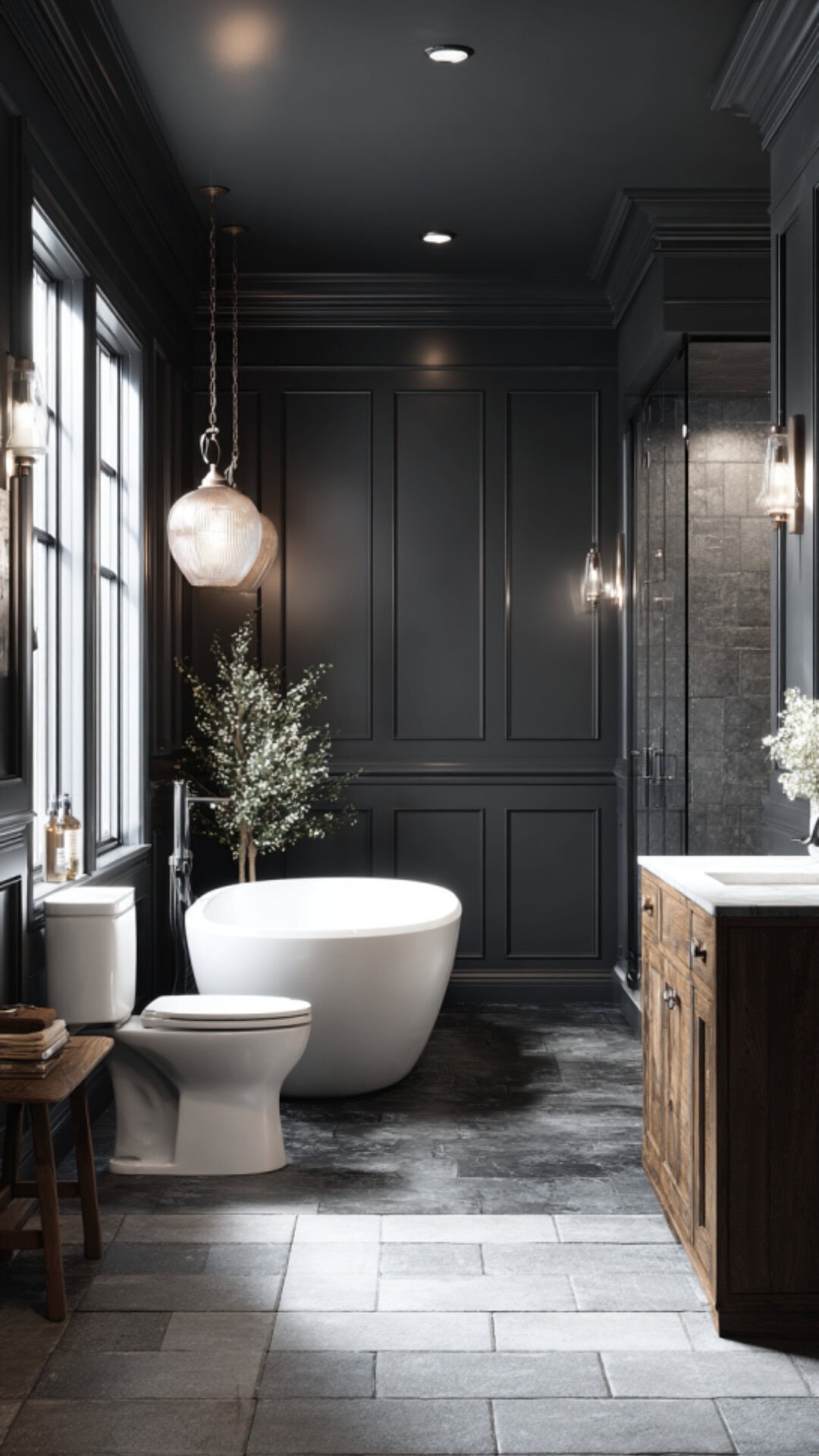 1. Black Wainscoting Bathroom with a Modern Edge