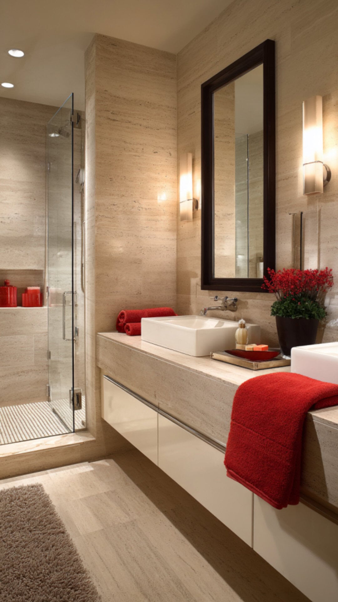 1. Red Accented Travertine Bathroom