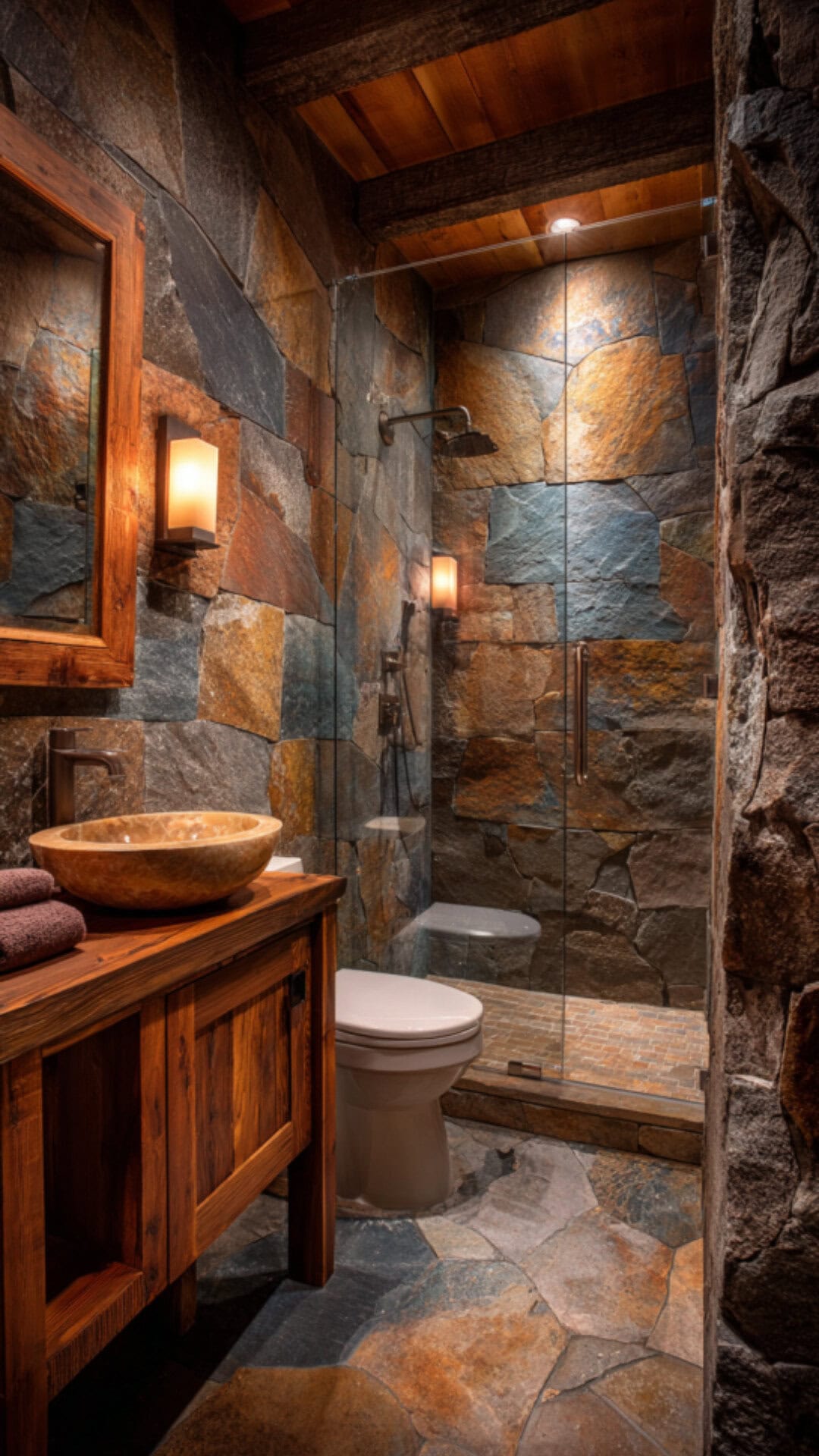 1. Rustic Bathroom Shower with Natural Stone Accents