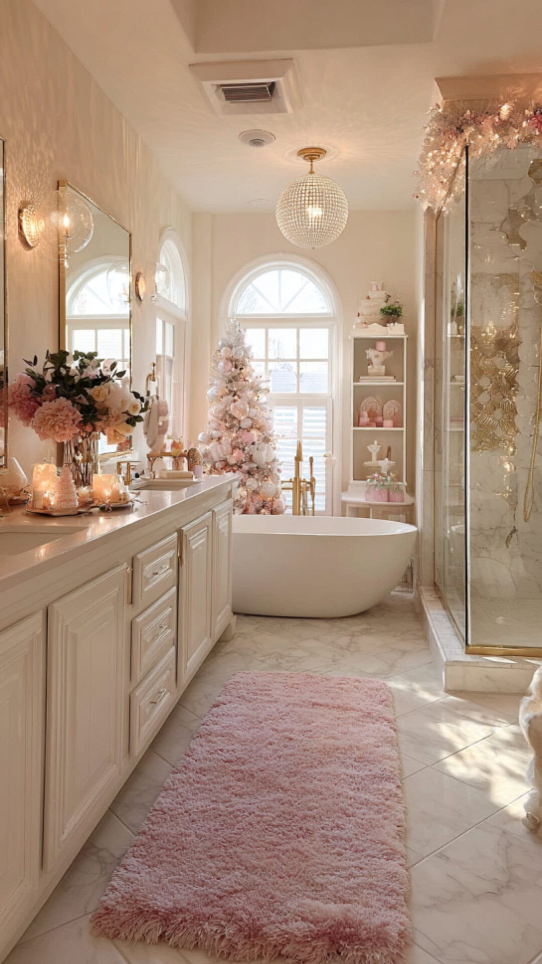 1. Pink Christmas Bathroom Decor with Playful Charm