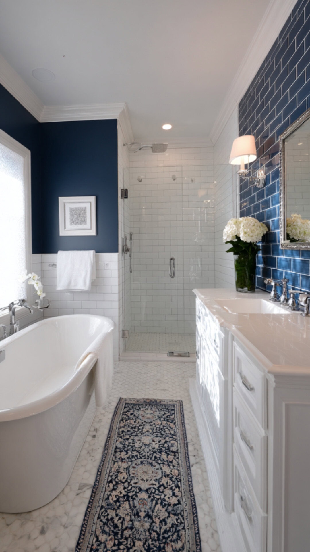 1. Navy Blue and White Bathroom with Crisp Contrast
