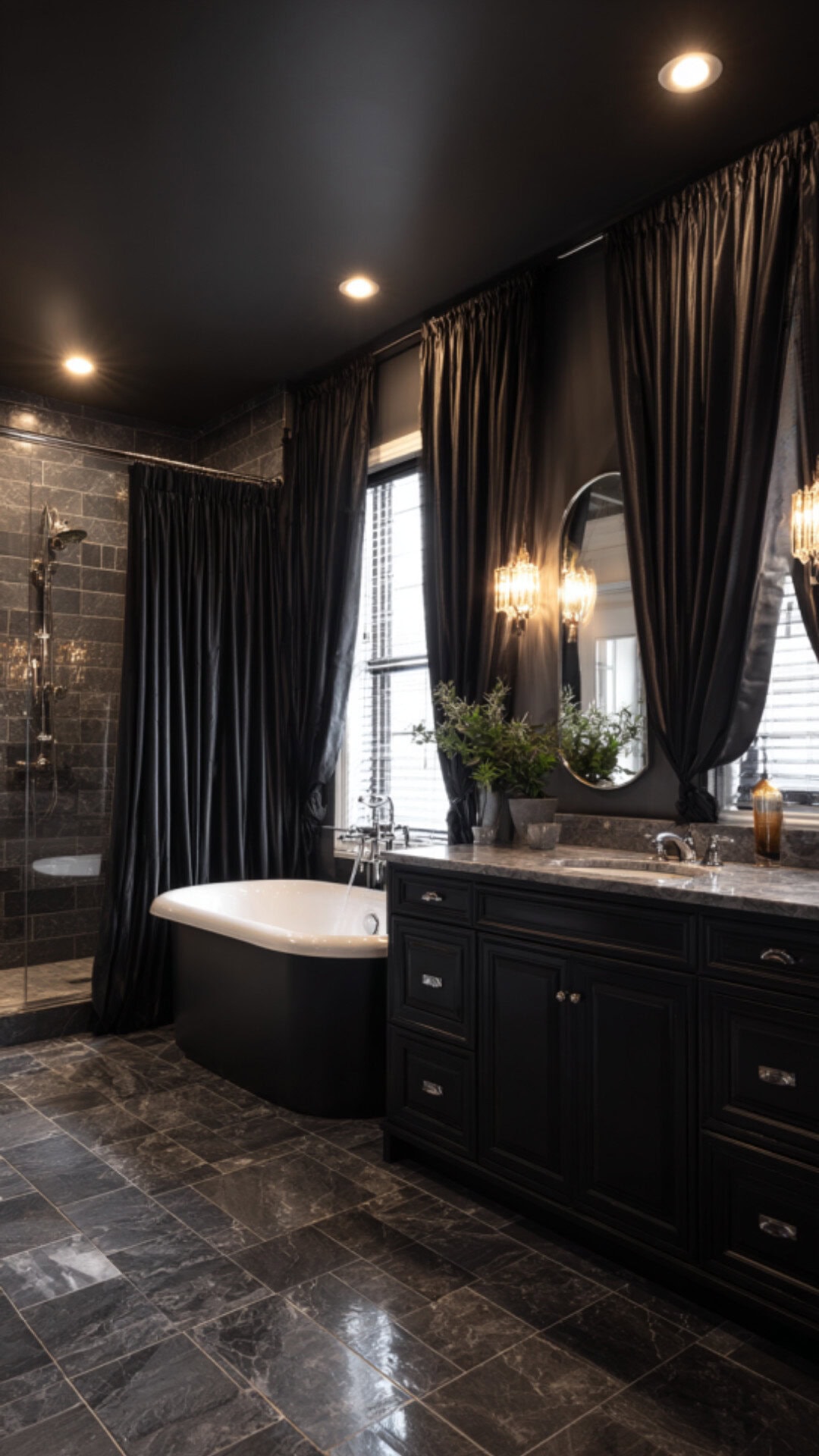 1. Black Bathroom Curtain for a Bold Contrast