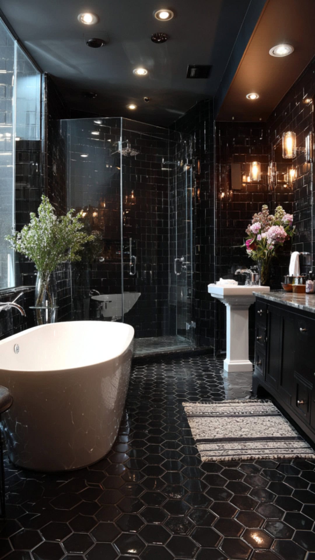 1. Black Hexagon Tile Bathroom with Bold Sophistication