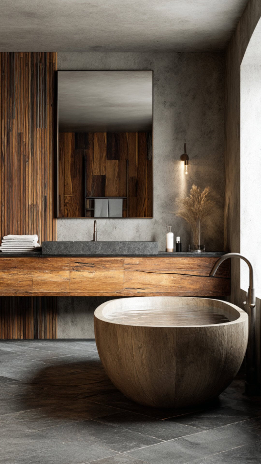 1. Concrete and Wood Bathroom with Natural Warmth