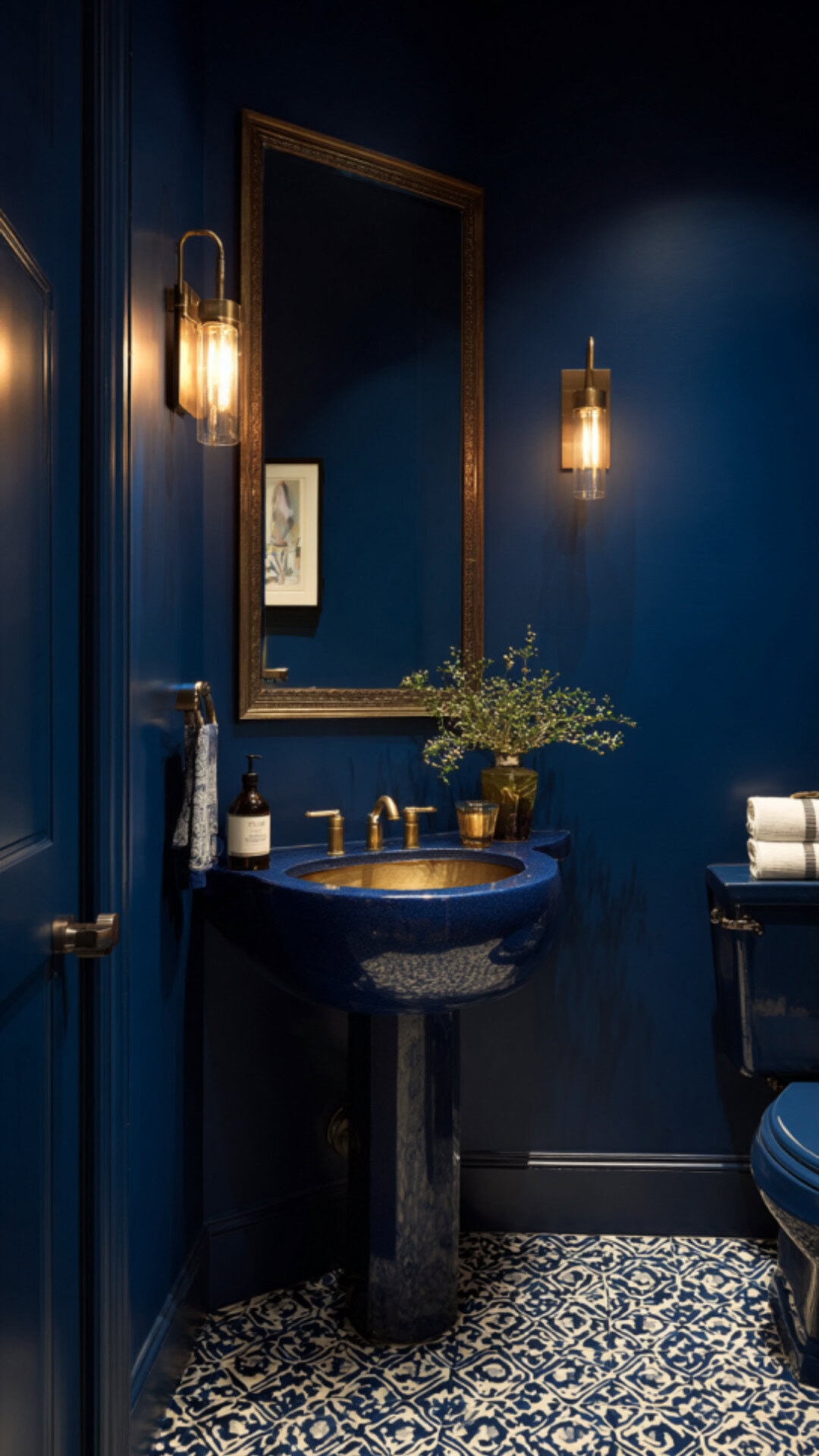 1. Blue Powder Bathroom with Classic Elegance