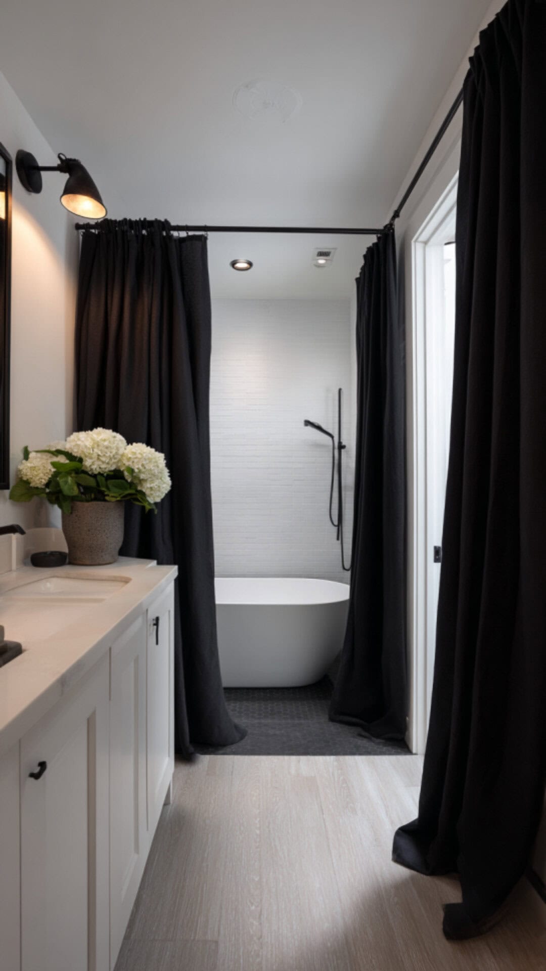 1. Black Shower Curtain Bathroom with Modern Drama