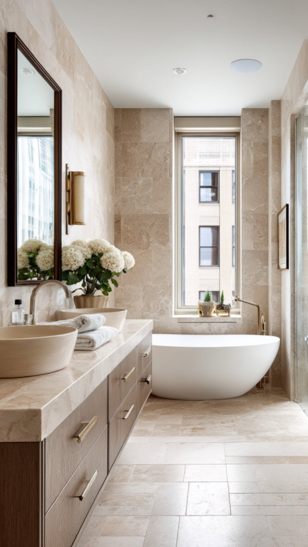 1. Beige Stone Bathroom with Warm Elegance