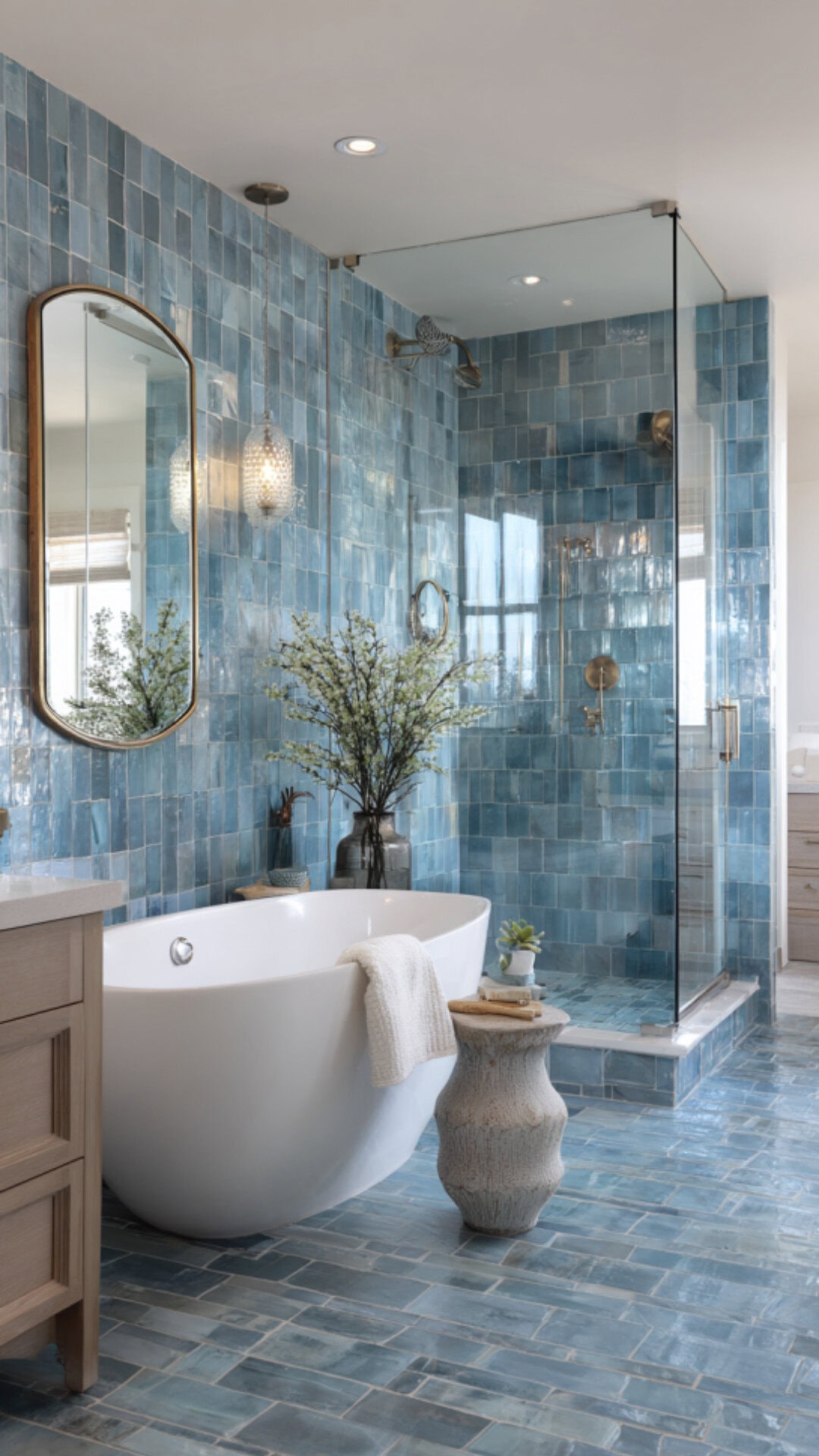 1. Blue Tiled Bathroom with Cool Elegance