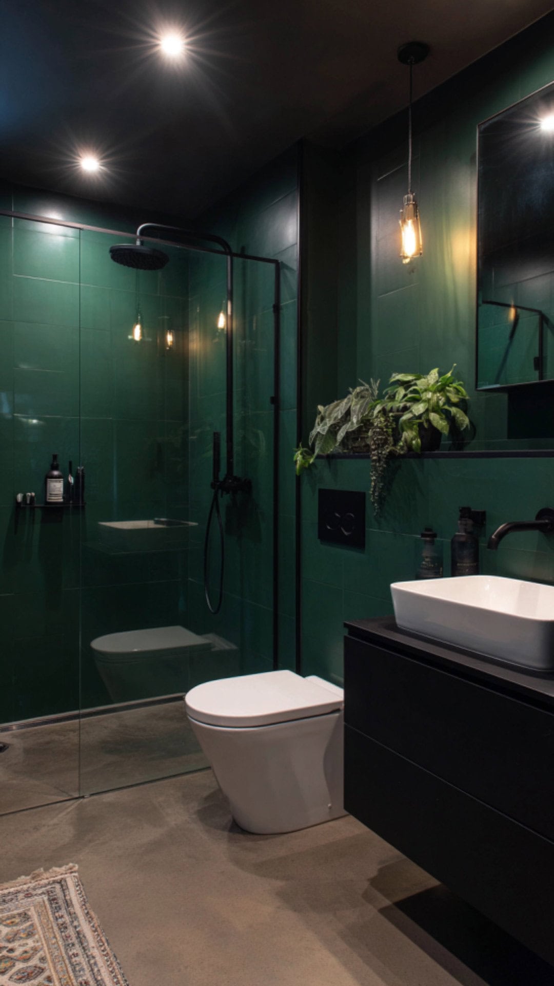 Dark Green and Black Bathroom Design