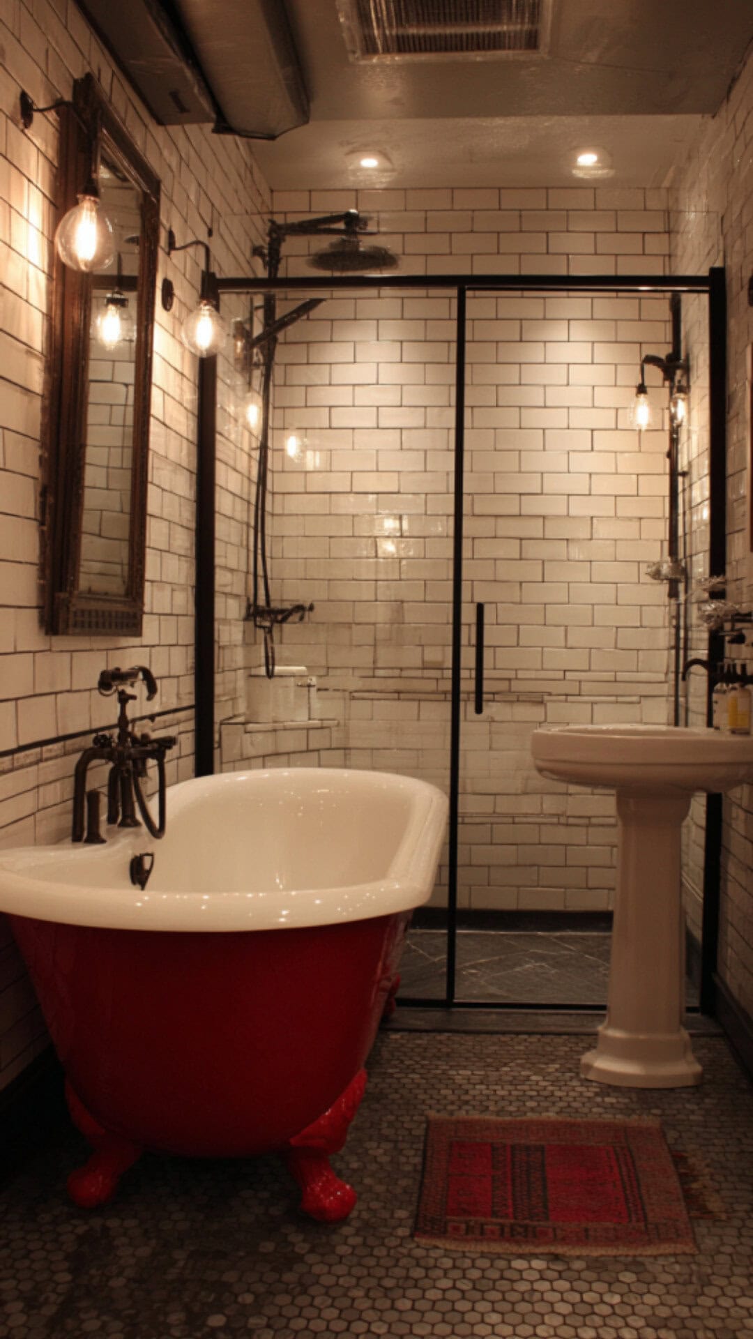 10. Red Clawfoot Tub Bathroom with Bold Personality